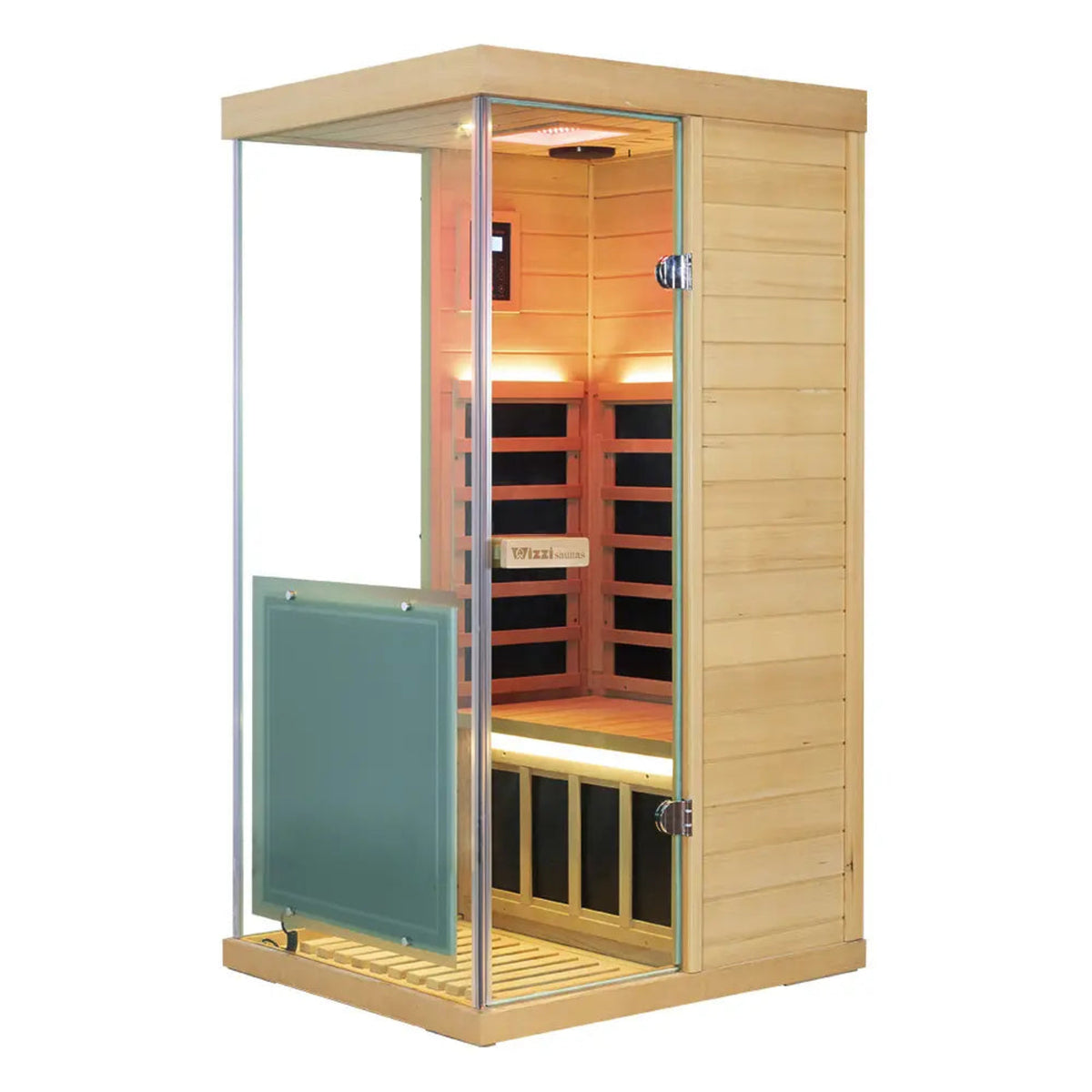 Wizzisaunas 909MX mini infrared sauna size image with glowing lights