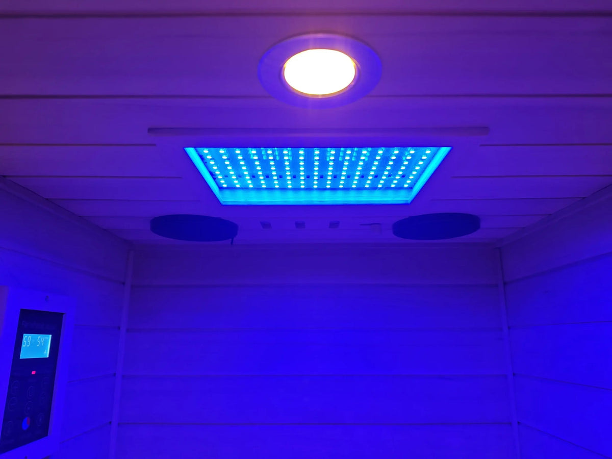 Wizzisaunas 909MX mini infrared sauna showing ceiling lights