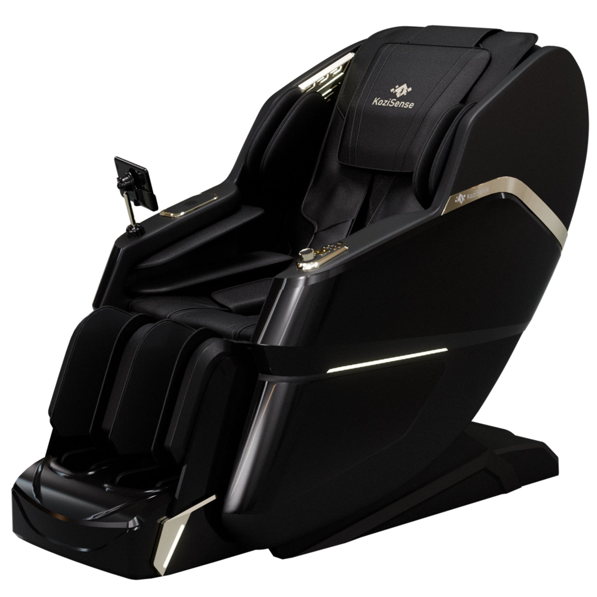 "KoziSense KZ605 4D luxury massage chair in black with SL-track, zero gravity recline, and LED ambient lighting."