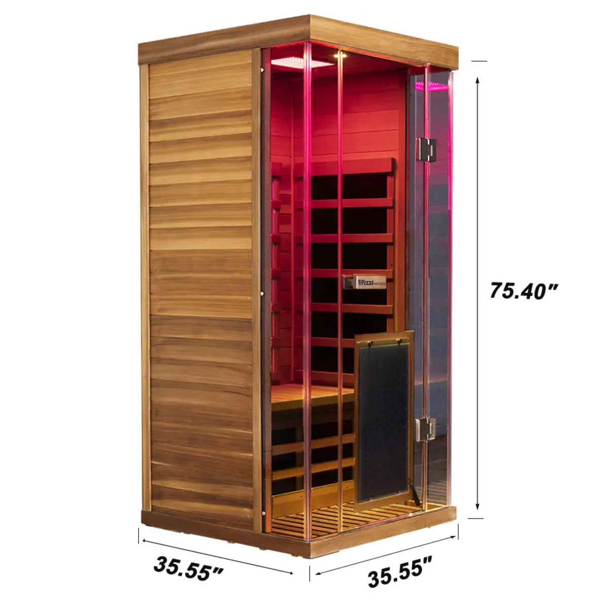 1-person infrared sauna red cedar | Wizzisaunas SR01 | Full-Spectrum with dimensions and interior design details.