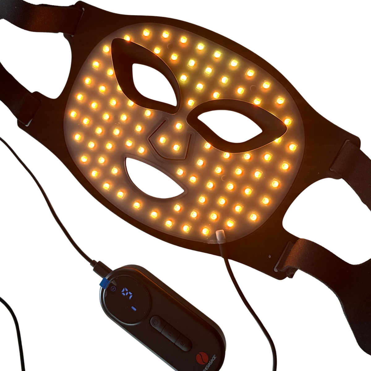 TheraGlow Mask2Go™ Red Light Therapy LED Face Mask with orange LED lights and adjustable strap
