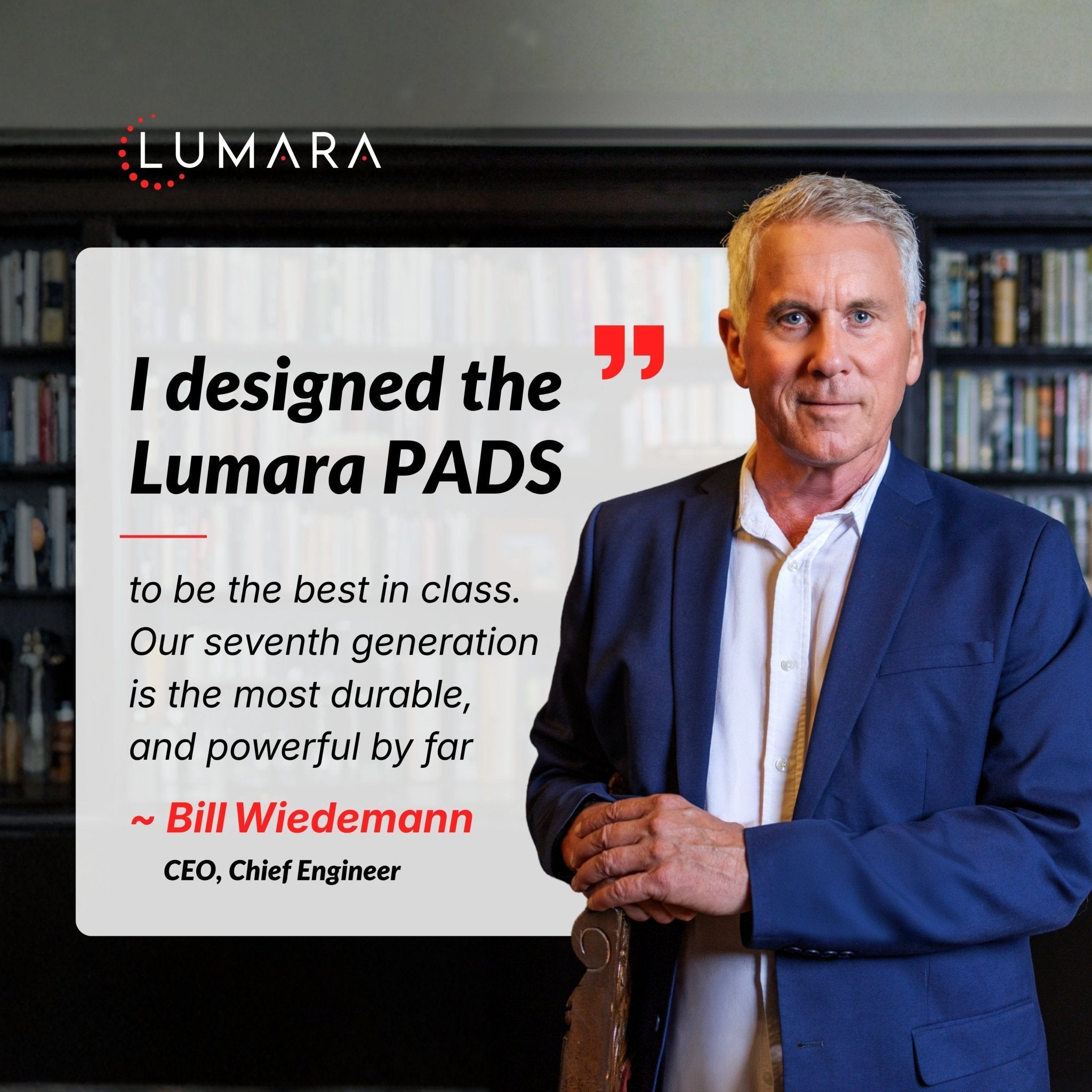 Man in a suit standing next to a text overlay about Lumara PADS with a bookshelf background