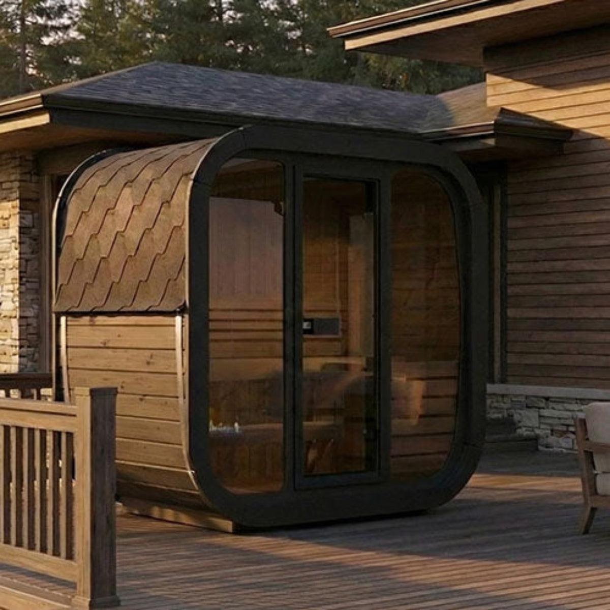 SaunaLife CUBE-Series Model CL4GB Outdoor Cube Sauna on a wooden deck