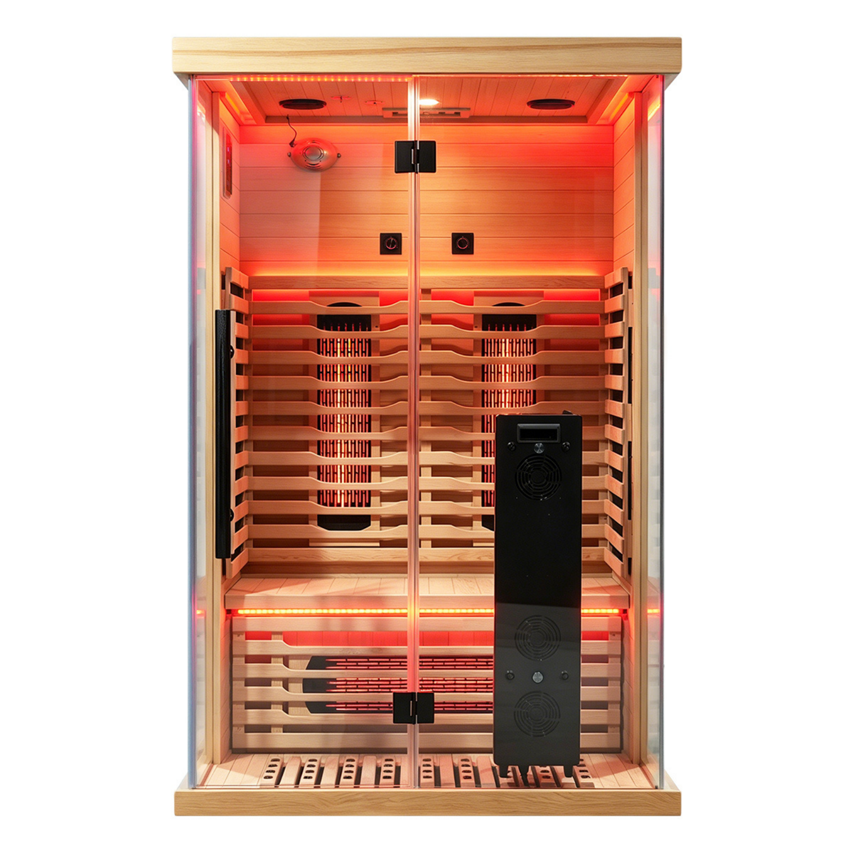 Full spectrum infrared sauna with red light therapy features and elegant wood design.