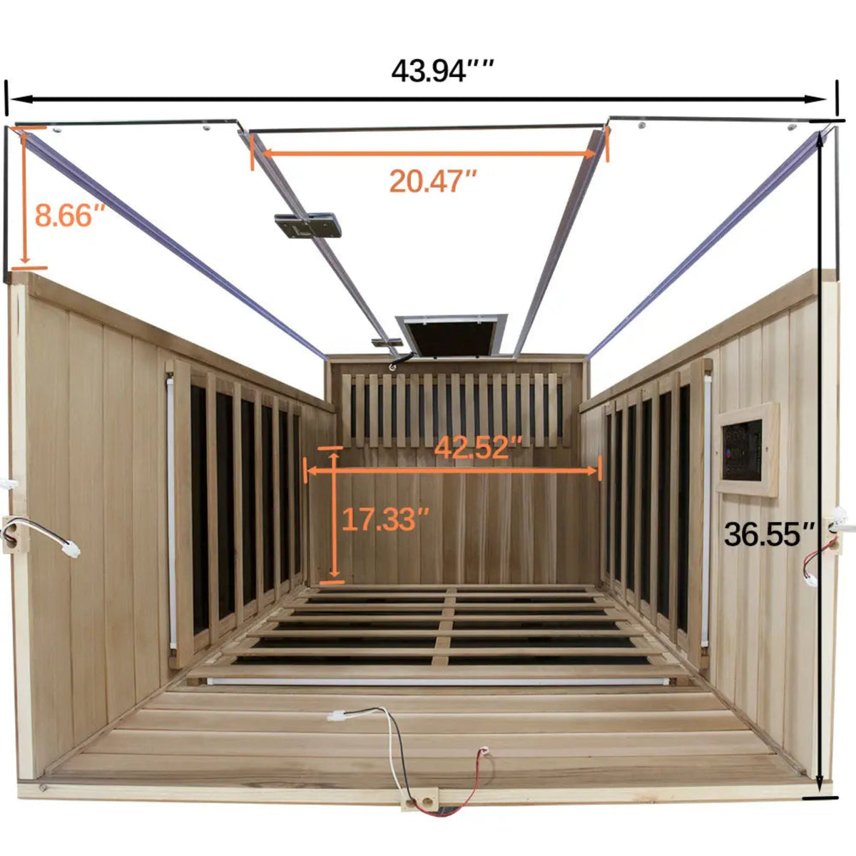 Interior view of the 2-person infrared sauna red cedar with dimensions labeled for easy reference.