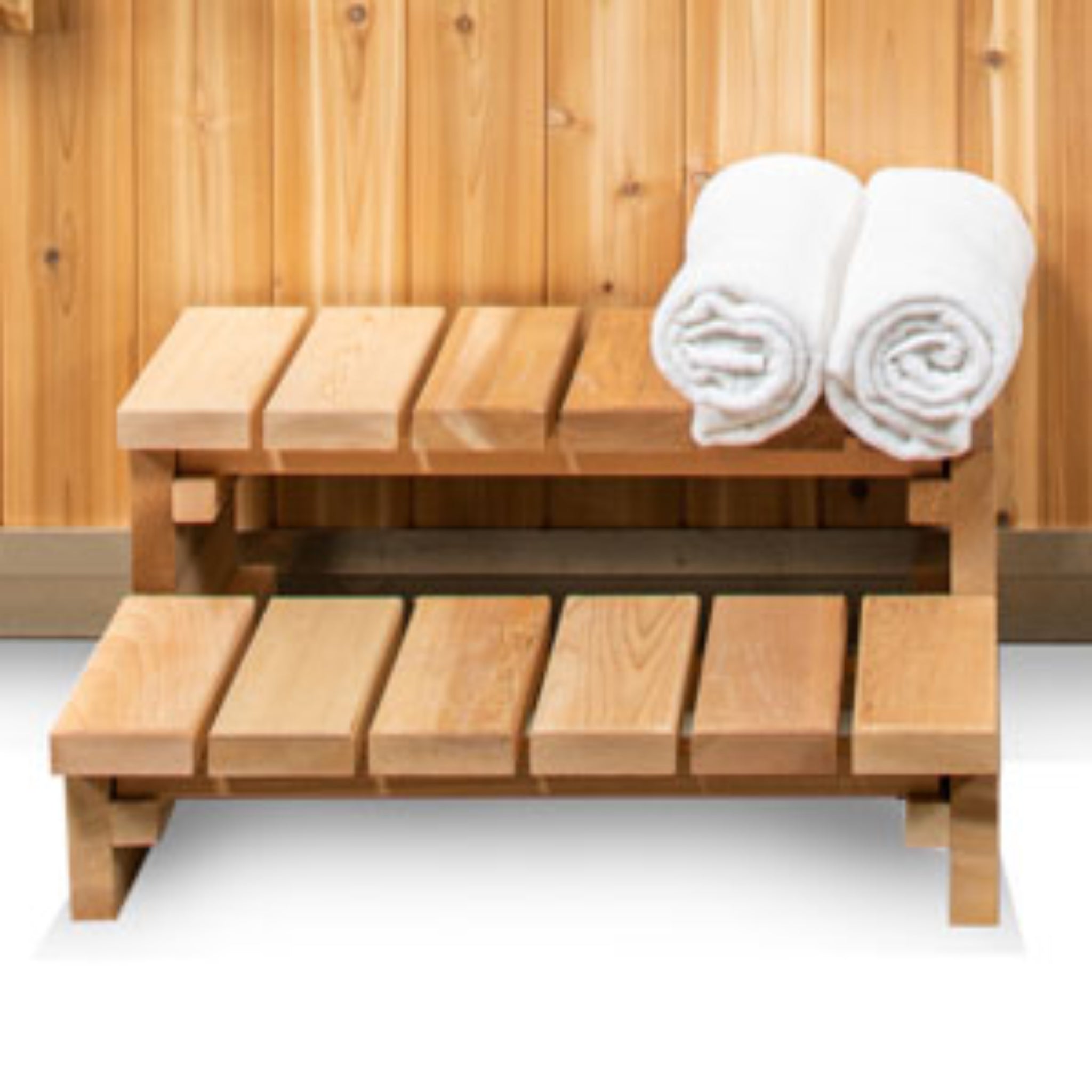 Dundalk LeisureCraft Flow Cold Plunge | Cedar & Stainless Steel, wooden bench with rolled towels.