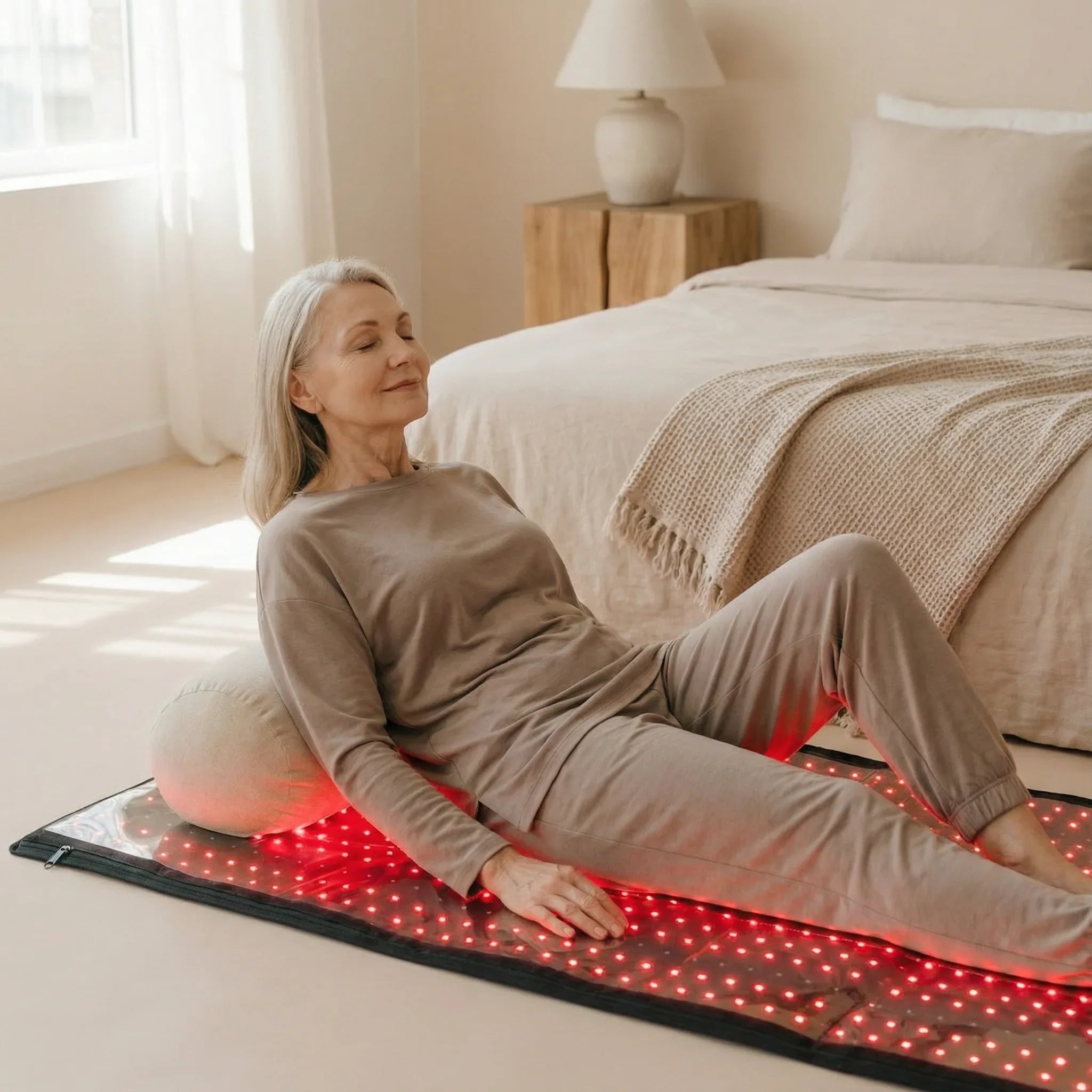 Woman using a Nicebeam LED therapy mat in a bedroom setting