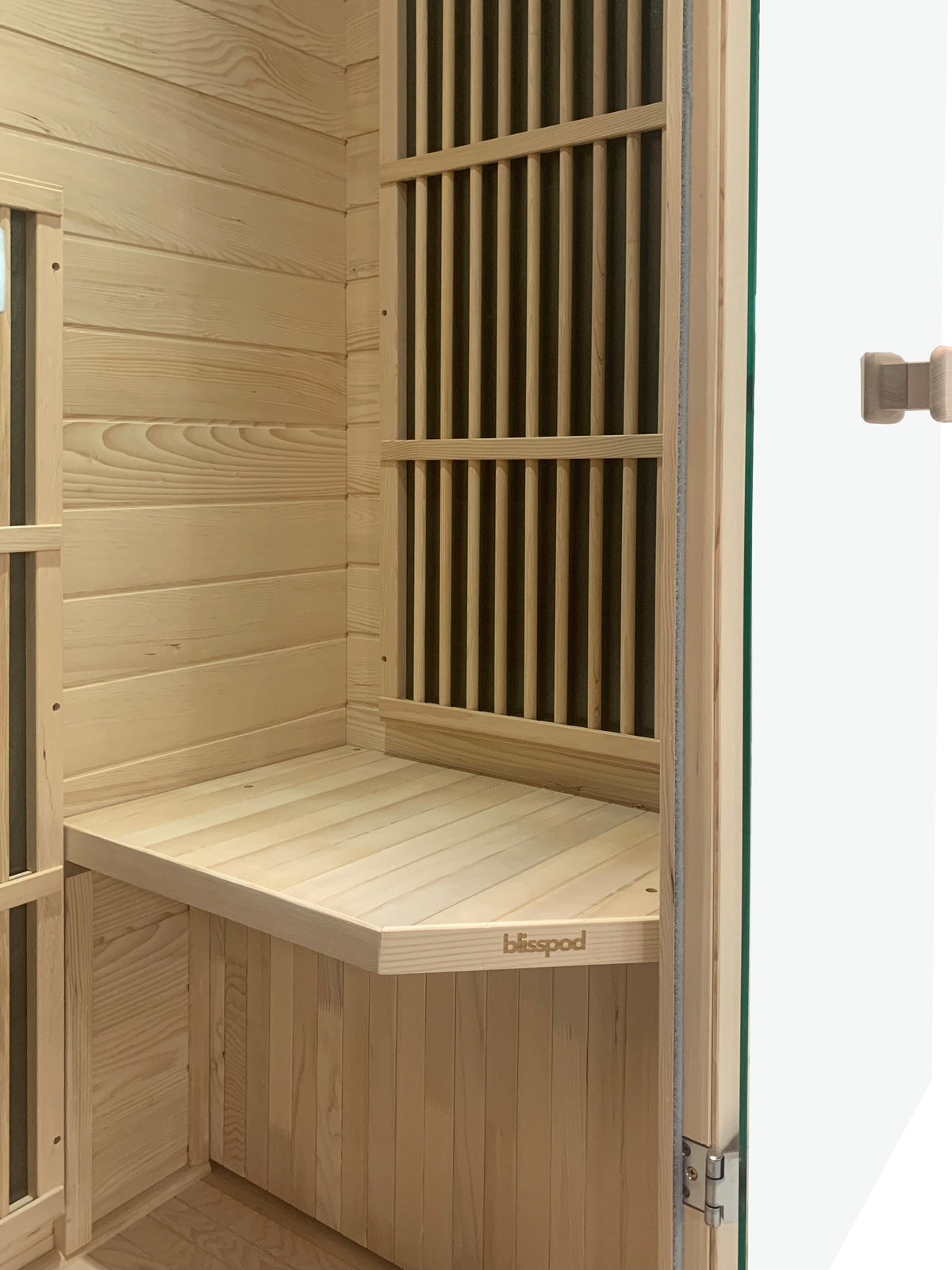Interior view of Blisspod Vienna 1-Person Far Infrared Sauna made of Canadian Hemlock wood.