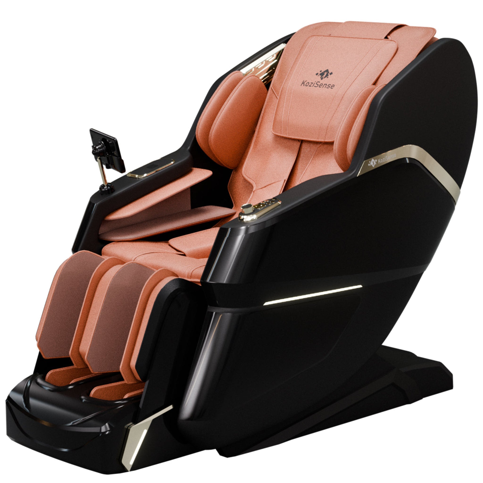 "KoziSense KZ605 4D luxury massage chair in brown with SL-track, zero gravity recline, and LED ambient lighting."