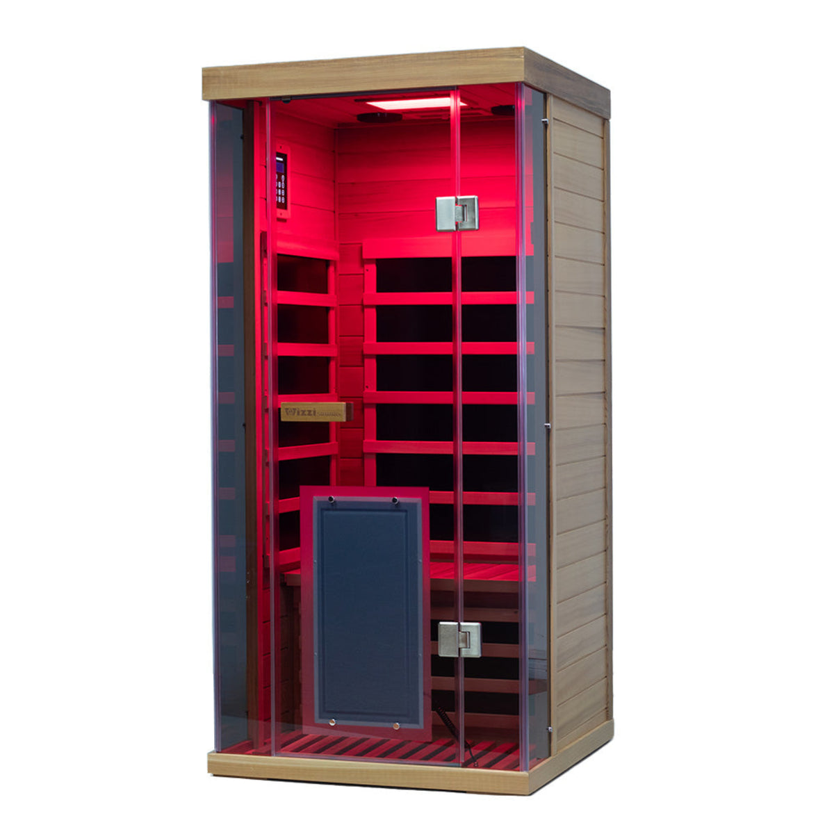 Wizzisaunas SR01 1-person infrared sauna red cedar with red lighting and glass doors.
