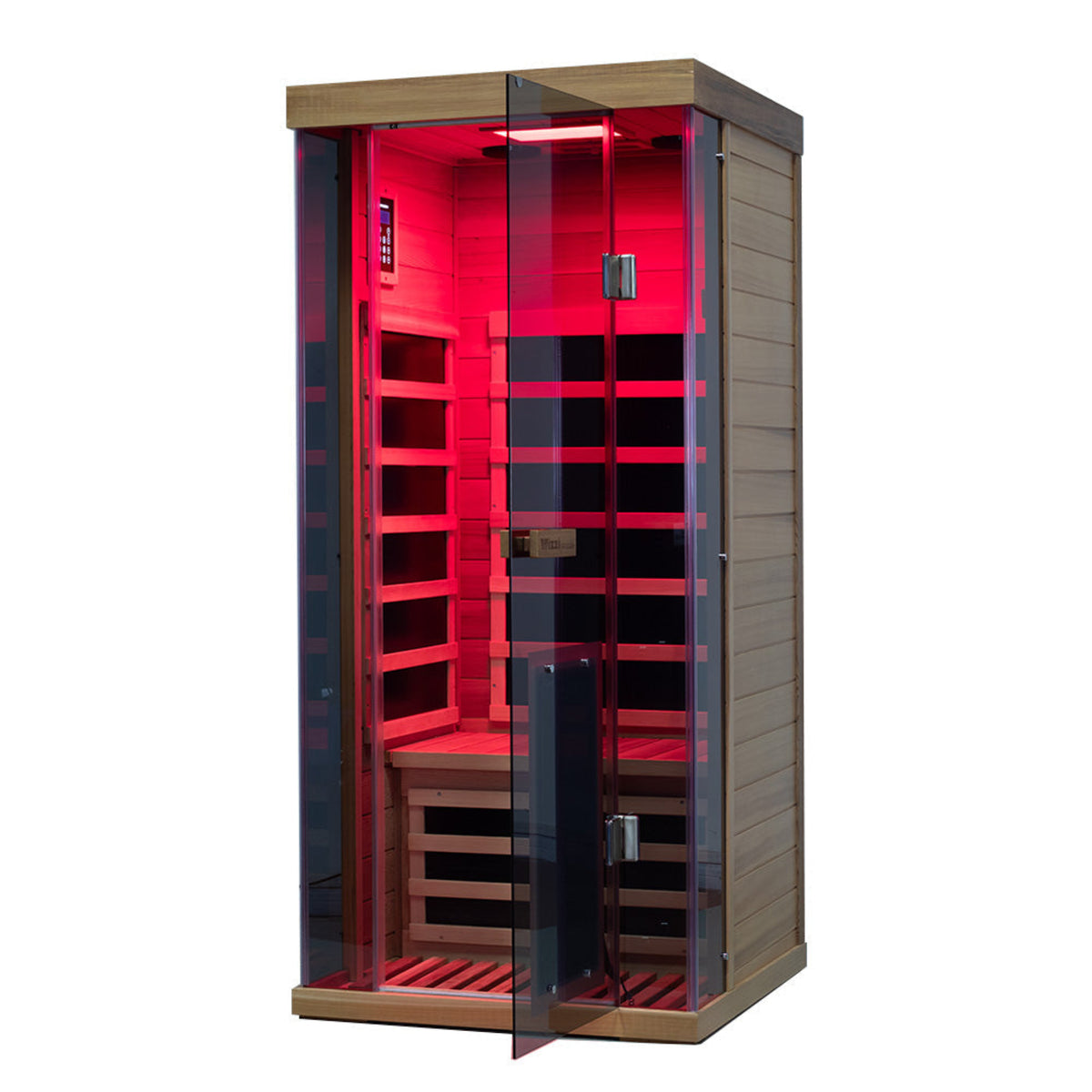 1-person infrared sauna red cedar by Wizzisaunas SR01 with full-spectrum heating and glass door.