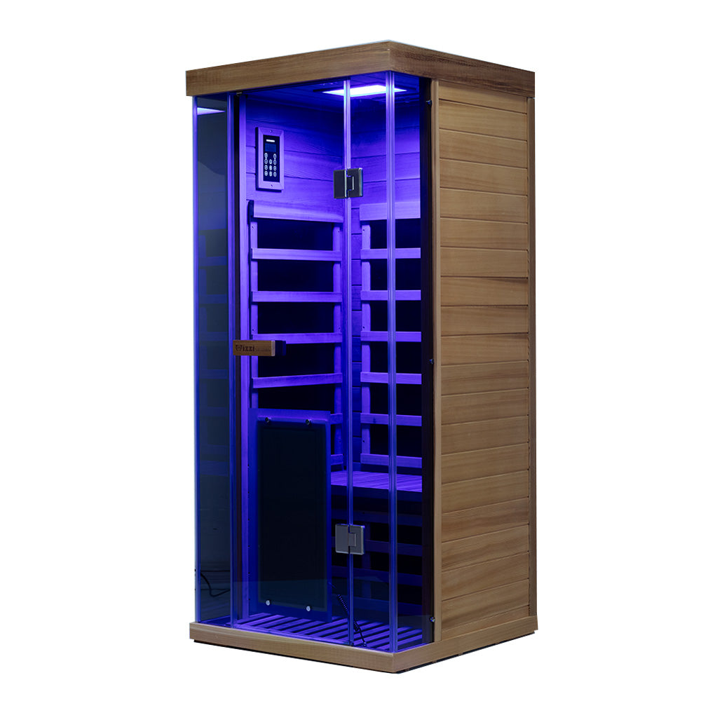 1-person infrared sauna red cedar with glass doors and blue lights by Wizzisaunas SR01