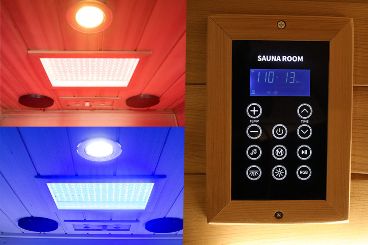 Wizzisaunas SR01 1-person infrared sauna red cedar interior showcasing lights and control panel.