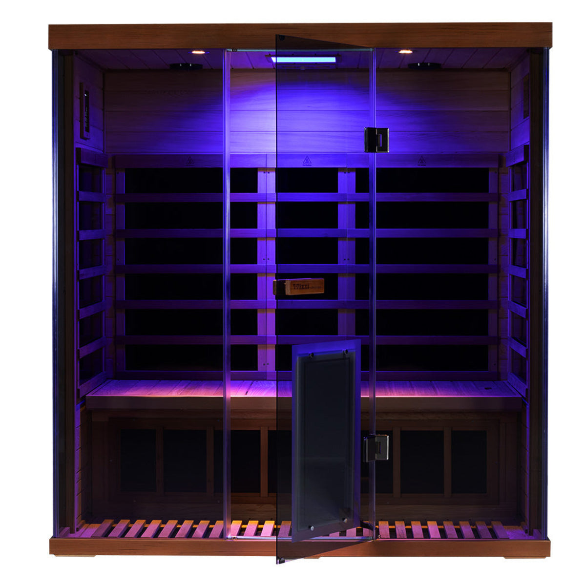 Wizzisaunas S03 3-person infrared sauna –open door with a deep purple glow front view
