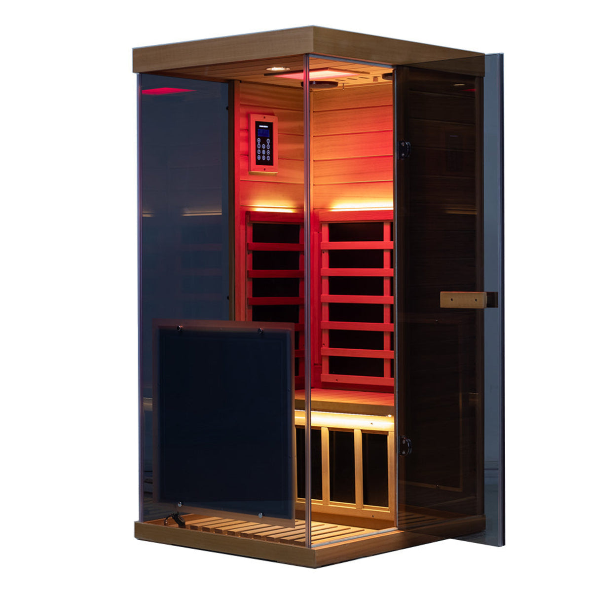 Wizzisaunas 909MX mini infrared sauna red cedar with orange glow