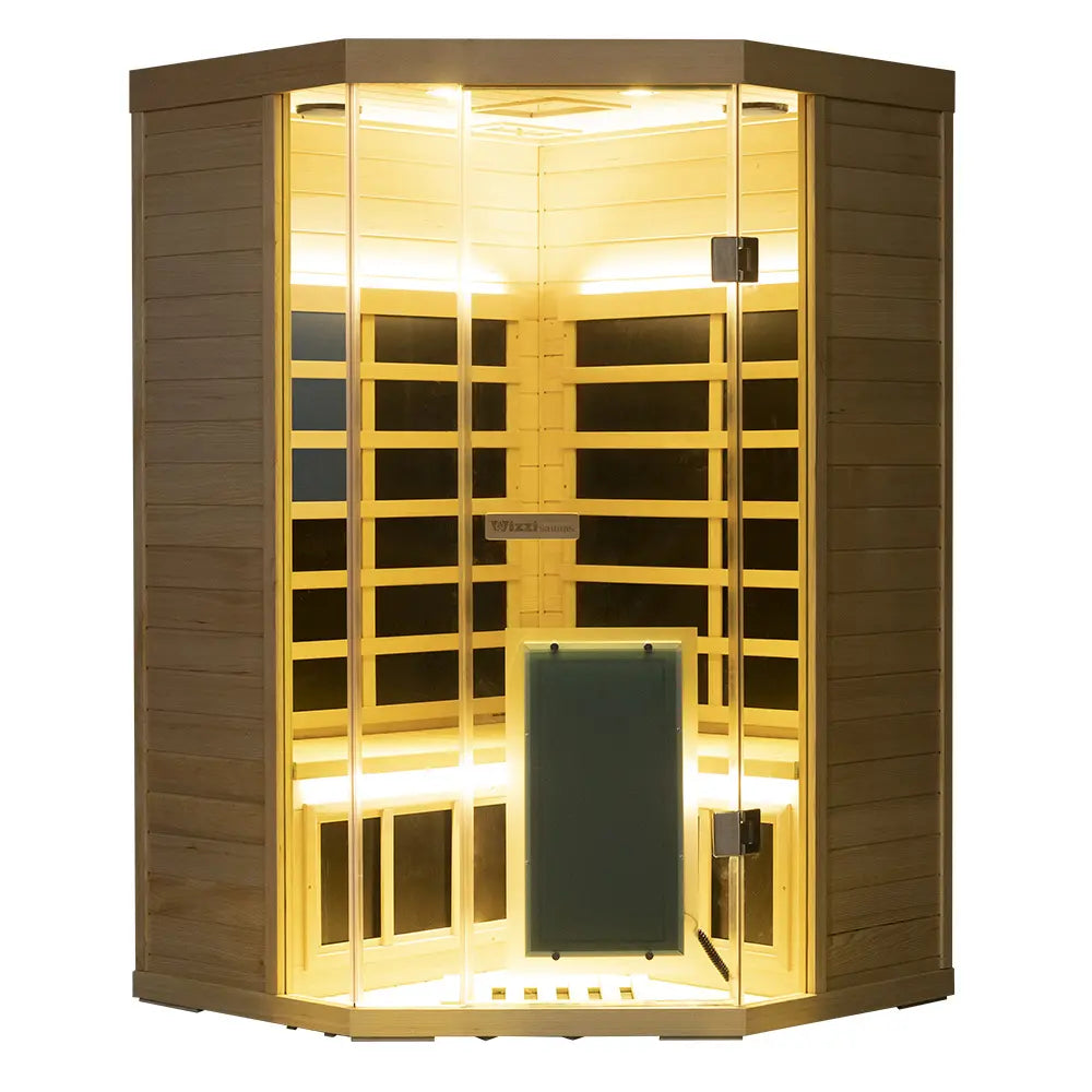 Corner infrared sauna for 2-3 people with warm lighting and hemlock wood design by Wizzisaunas.