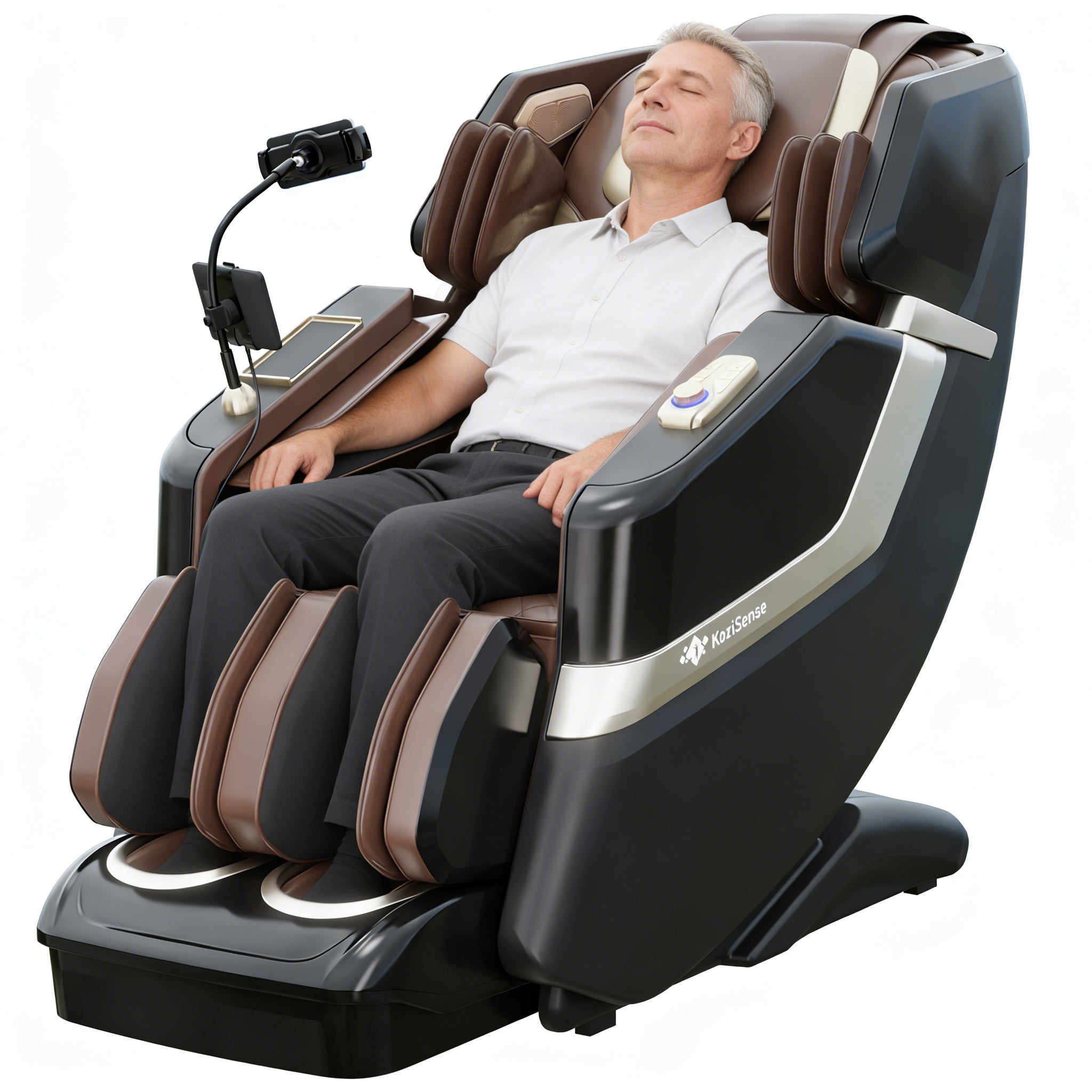 KoziSense KZ-313 Heated Jade Stone Massage Chair in brown color with man relaxing.