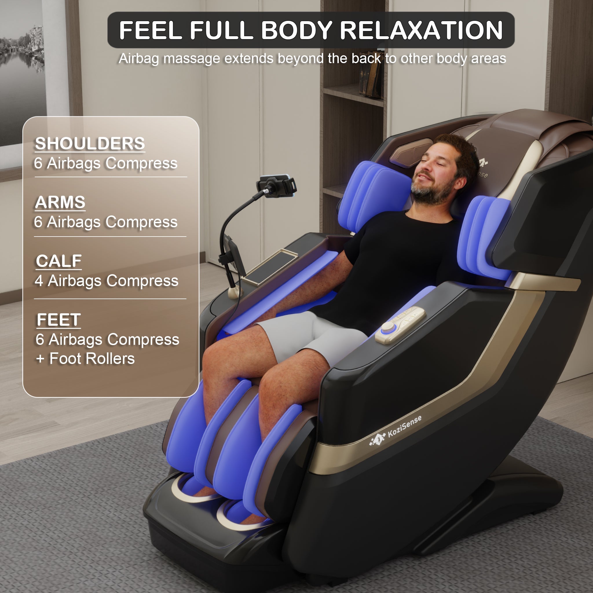 Person enjoying full body relaxation in a KoziSense KZ-313 heated jade stone massage chair.