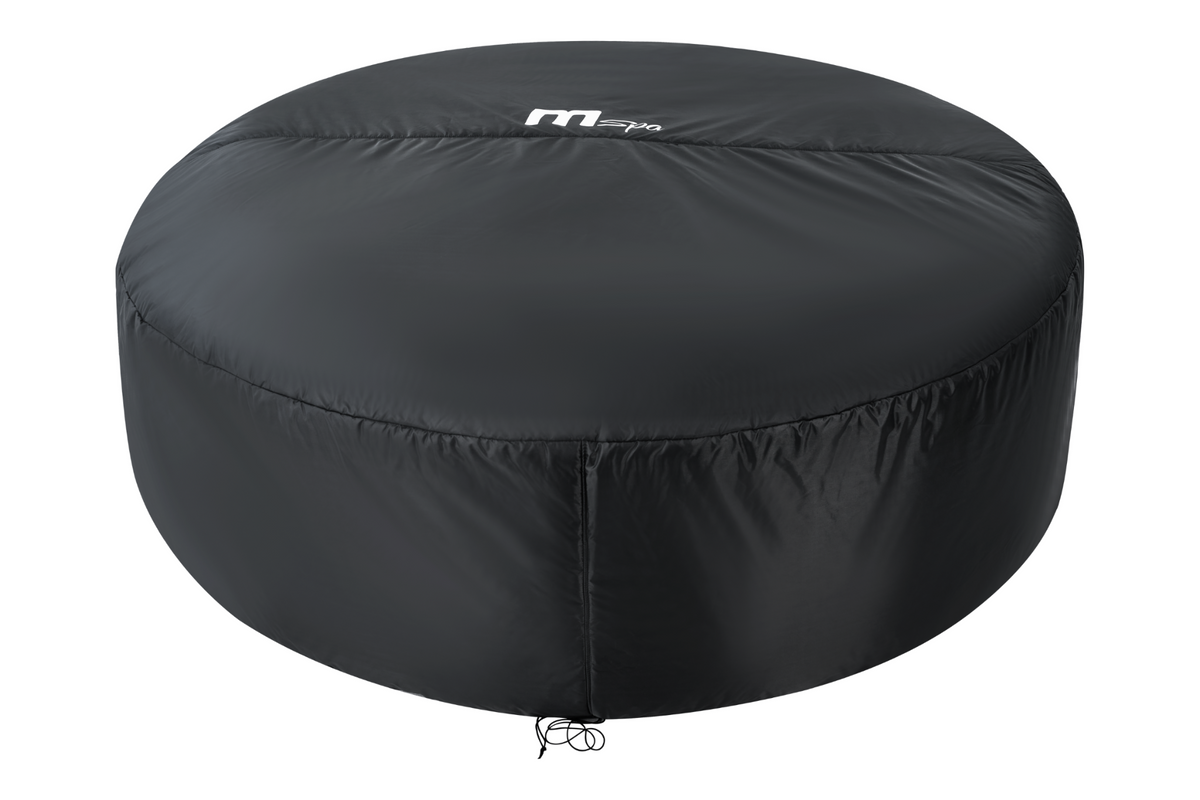 Black round hot tub cover with a brand logo on a white background