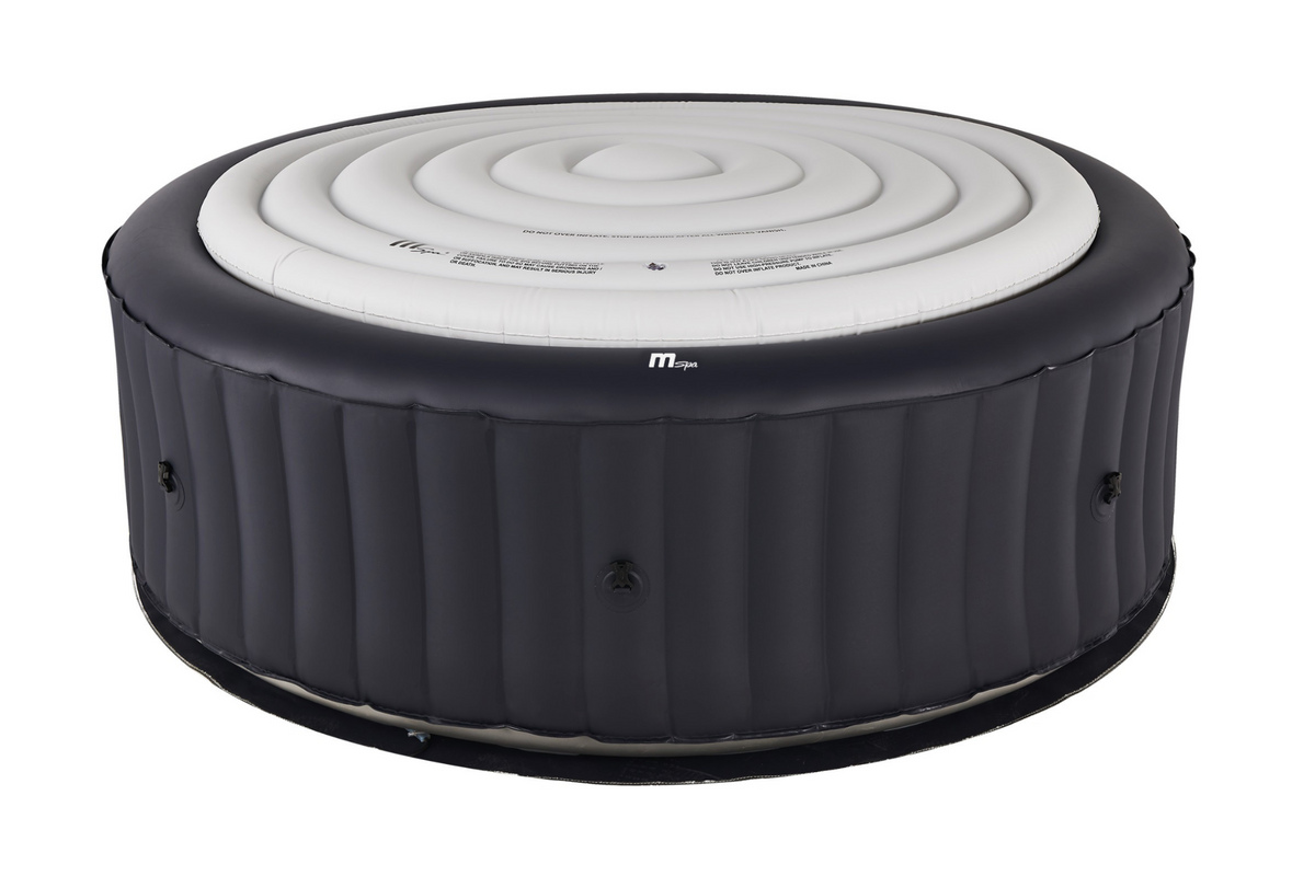 Inflatable hot tub with black exterior and white interior on a white background
