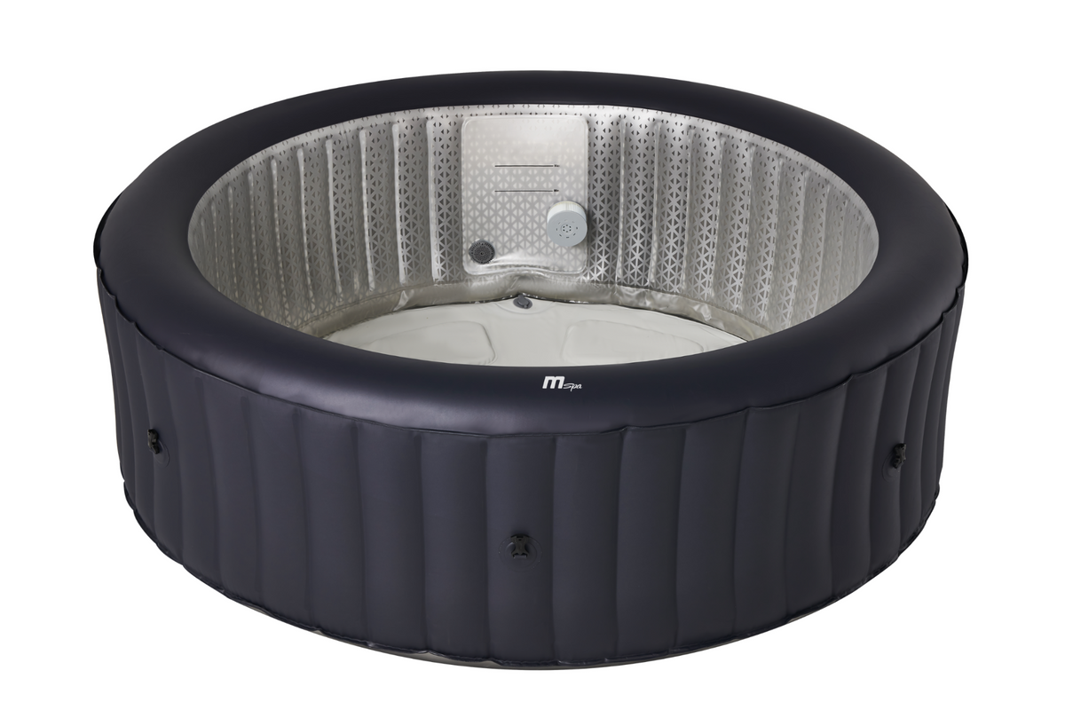 Black inflatable hot tub with silver interior on a white background