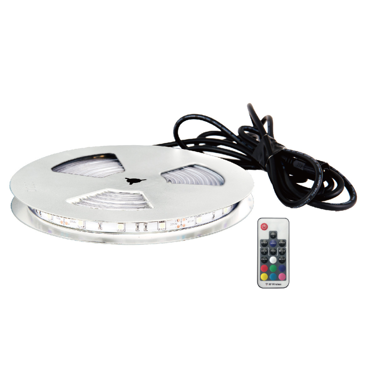 LED strip light with remote control on a white background