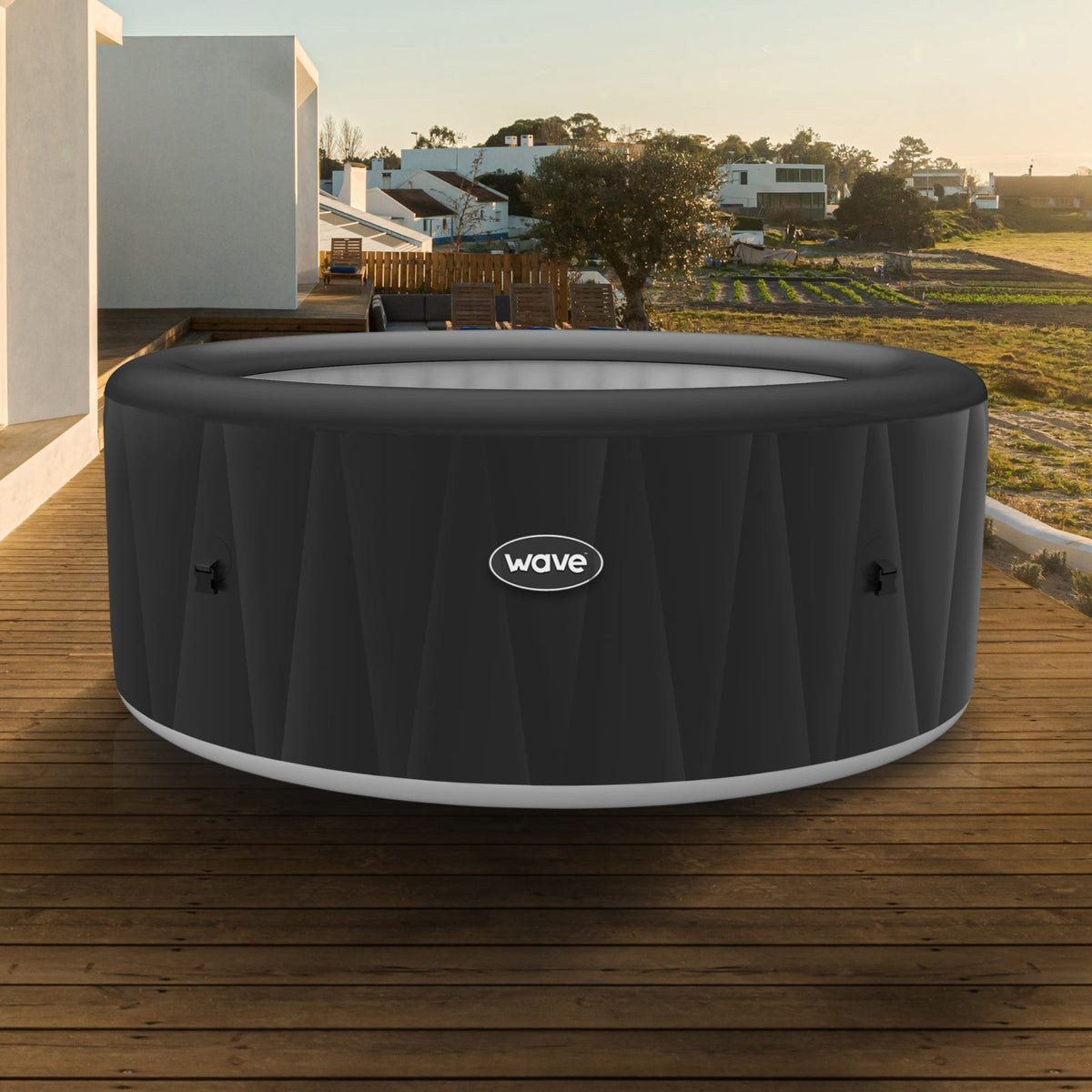 Atlantic Inflatable hot tub on a wooden deck with a scenic background