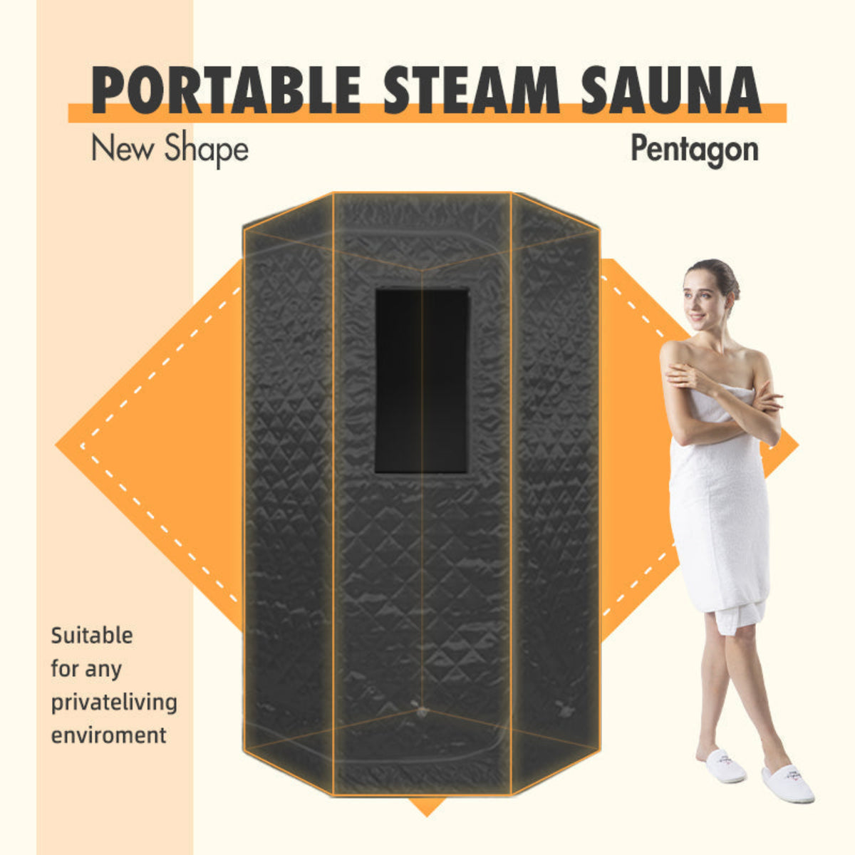 Portable steam sauna with a woman in a white towel standing next to it on a beige and orange background.