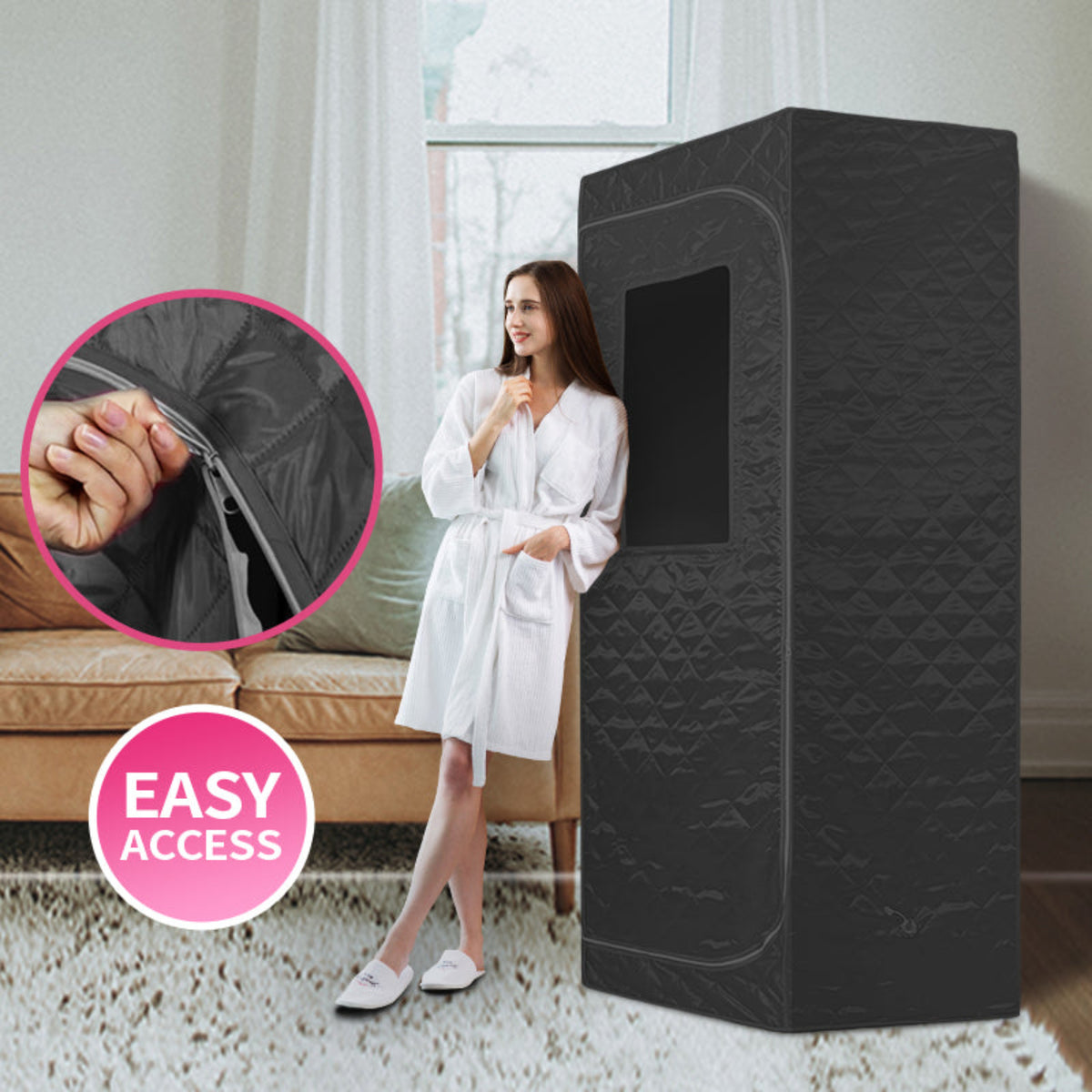 Woman in a white robe standing next to a black laundry basket with 'Easy Access' feature highlighted.