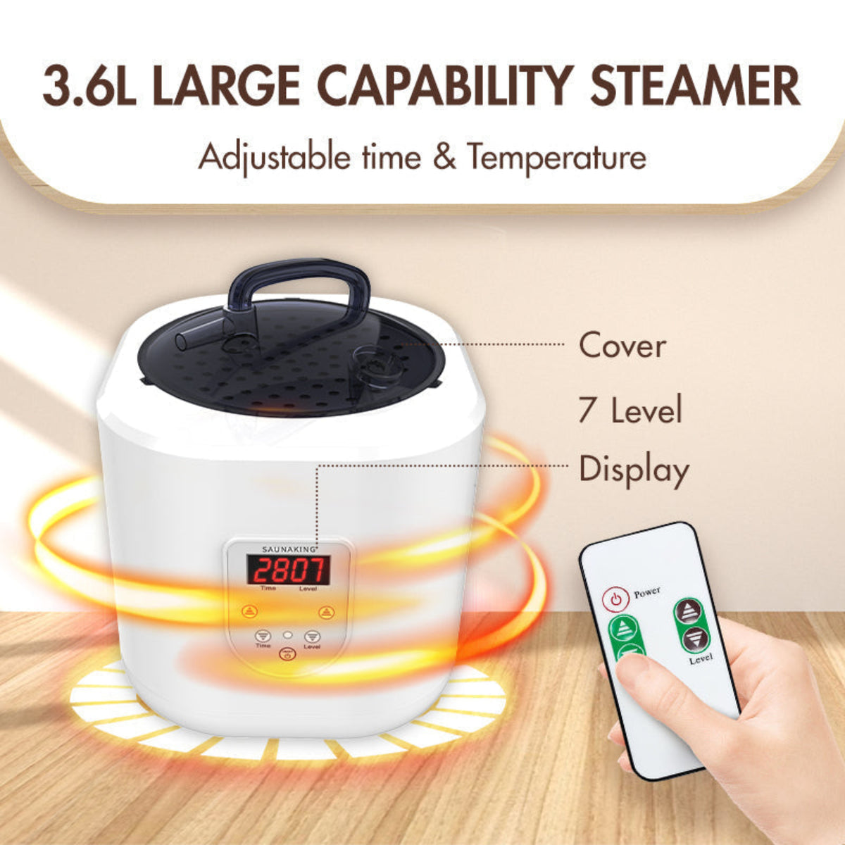 3.6L large capability steamer with digital display and remote control on a wooden surface.