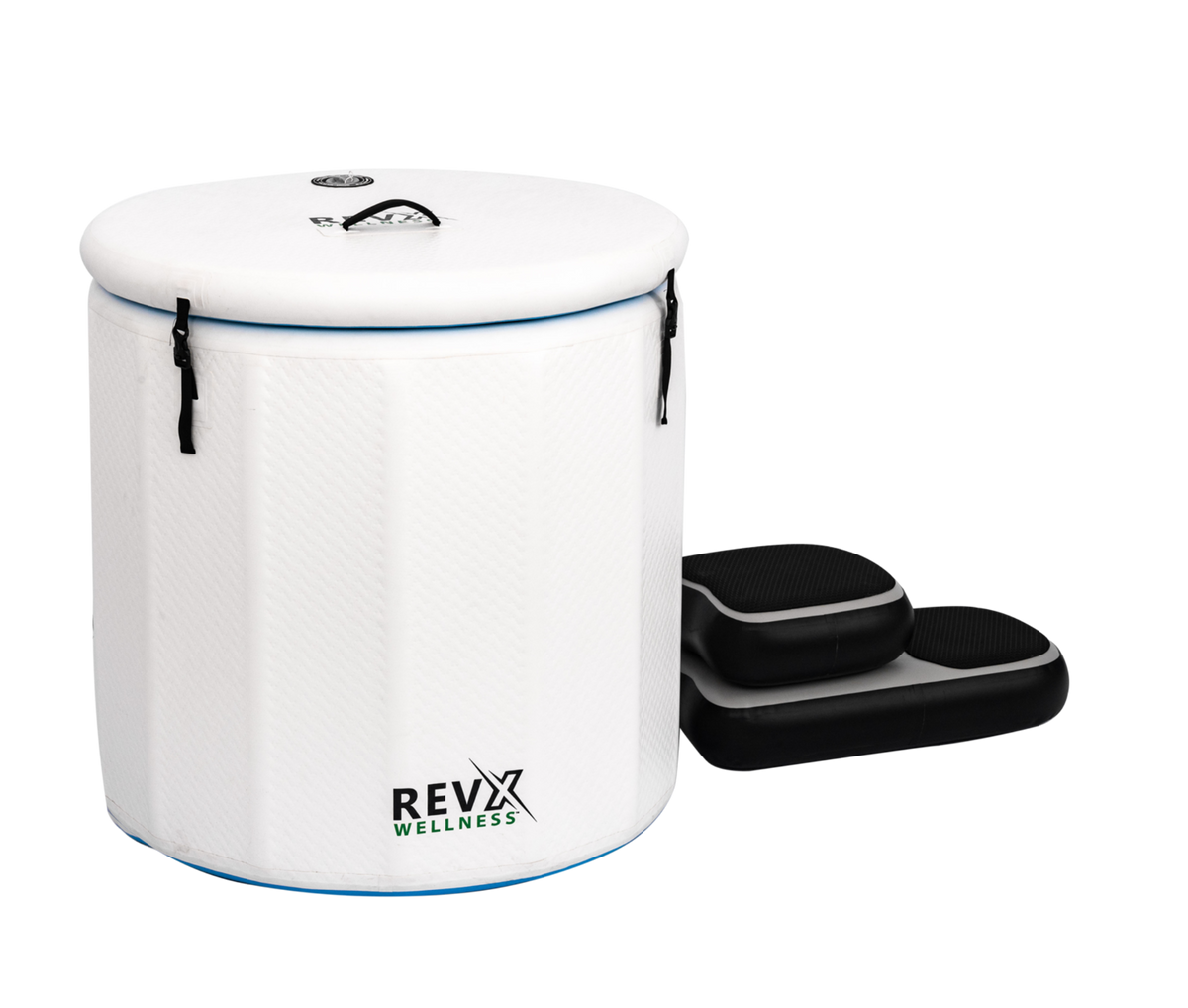 RevX Inflatable Barrel cold plunge with lid and steps
