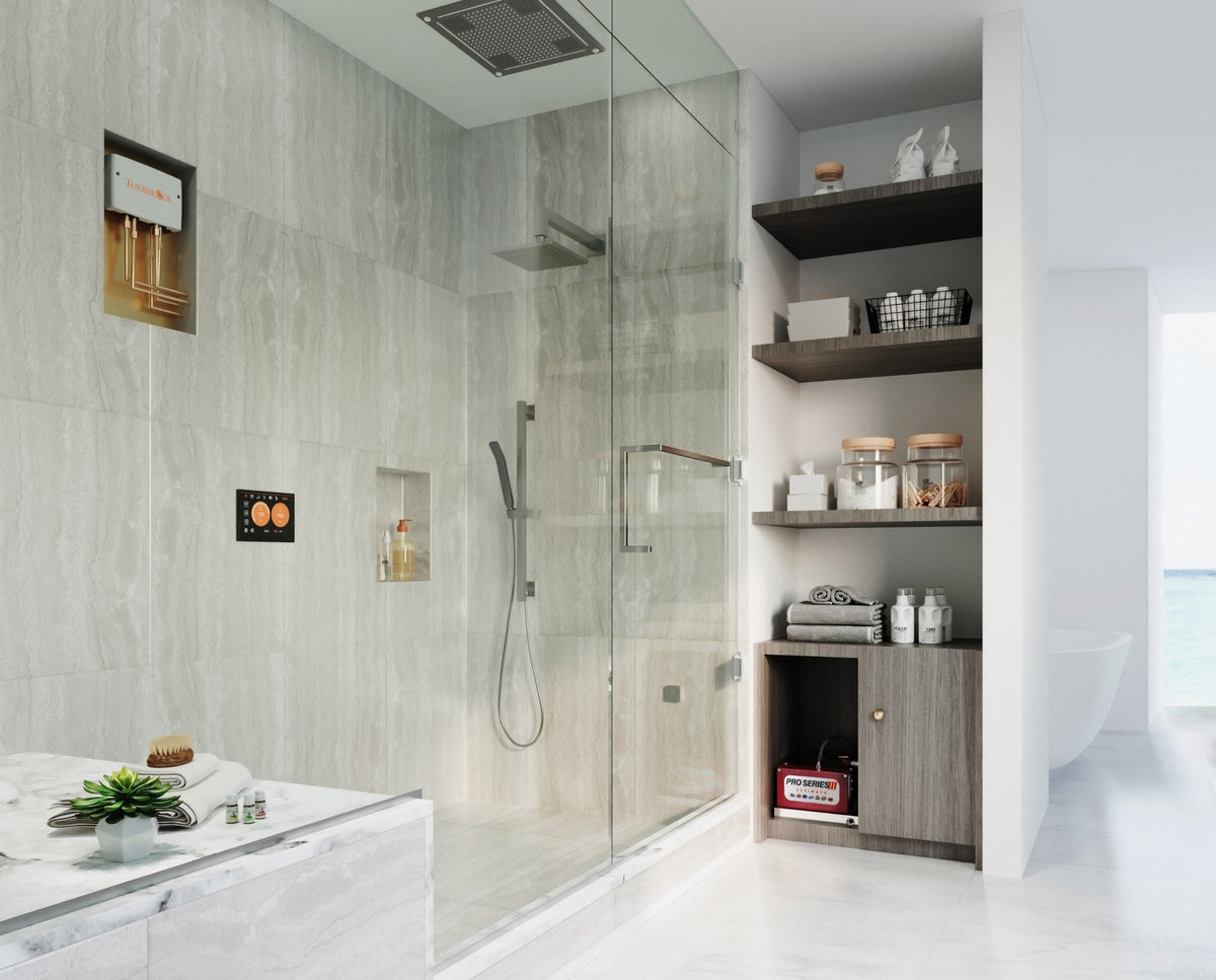 Cutaway illustration of a bathroom showing ThermaSol PRO Series III steam generator installed in a vanity cabinet and connected to the steam shower