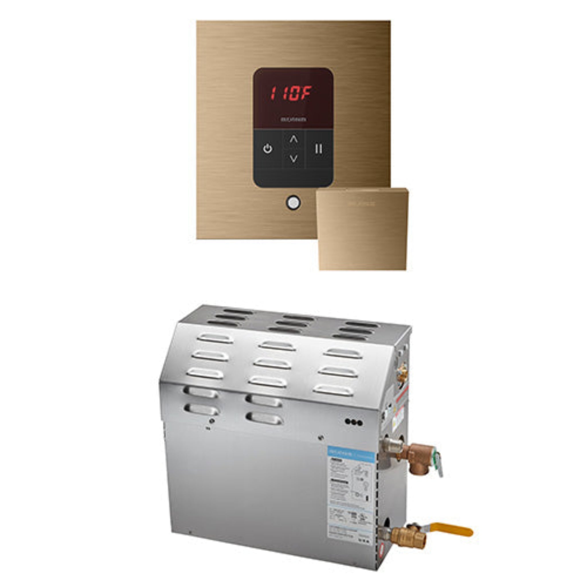 Gold square control panel with digital display and silver steam machine on a white background