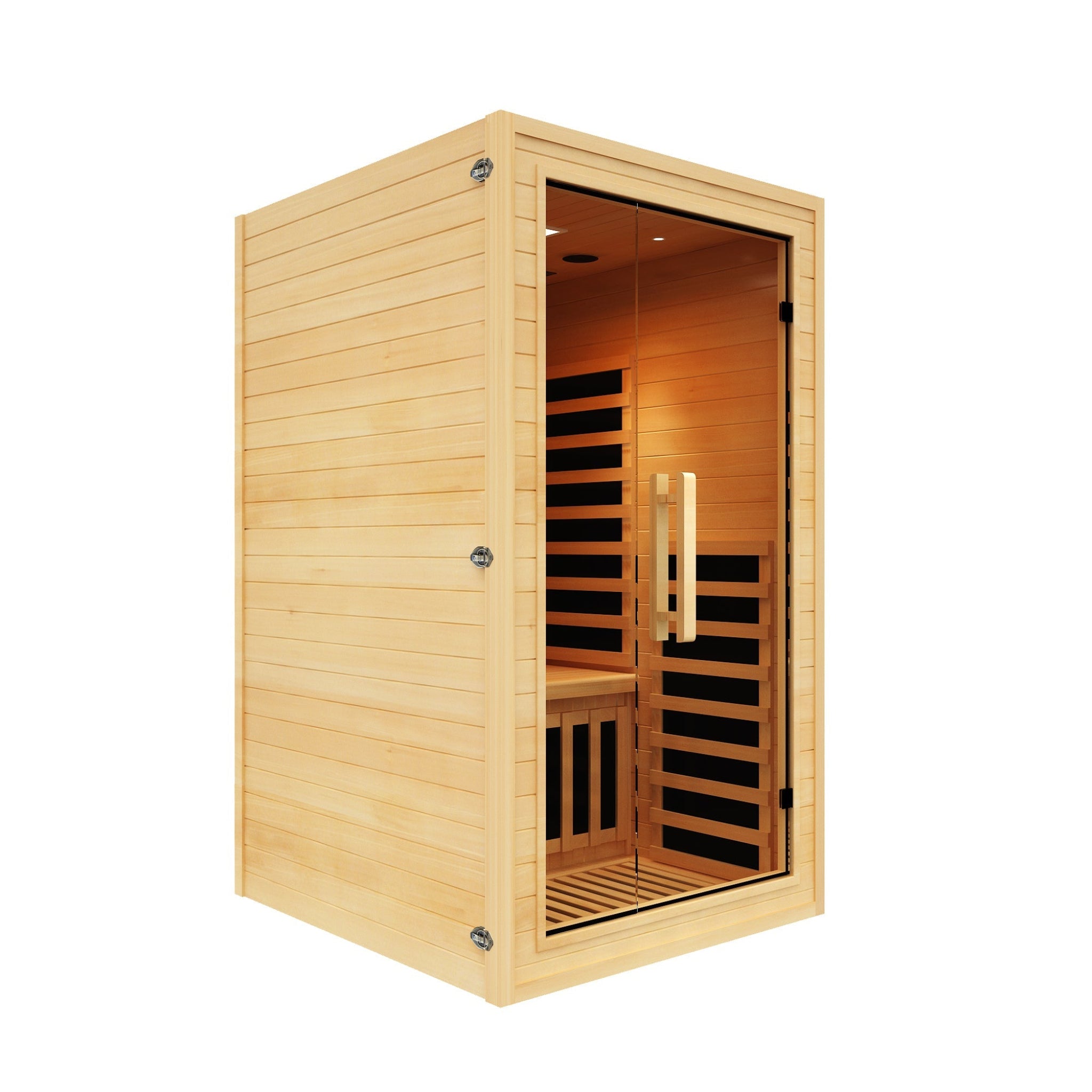 Nicebeam Canadian Hemlock sauna with glass door side angle view, on a white background