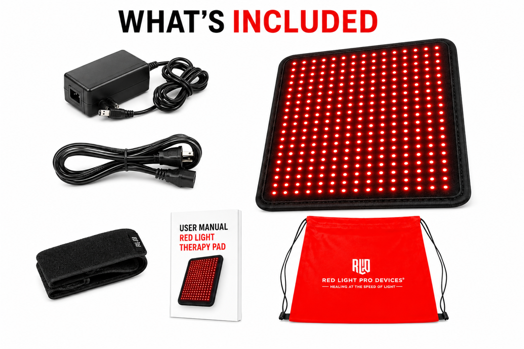 Red Light Pro Devices Medium Red Light Therapy Pad | 16" x 11" | 1,188 LEDs includes power supply, cords, user manual, and bag.