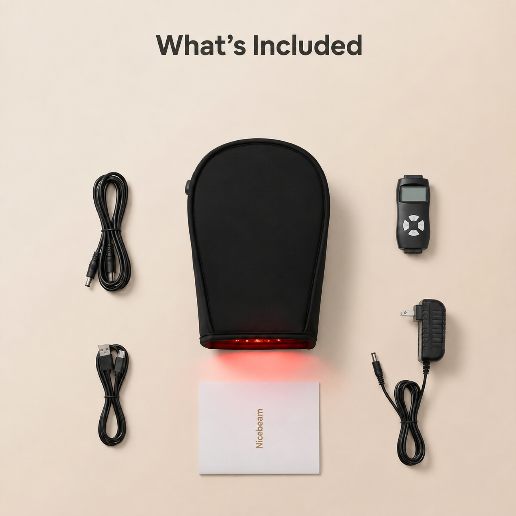 Nicebeam red light therapy hand mit with power cords and controller on a beige background