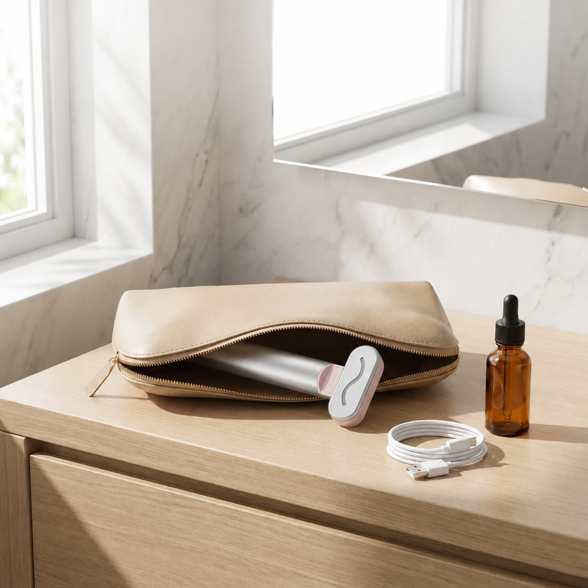A beige zippered cosmetic pouch sits open on a light wood vanity surface, with a Nicebeam red light handheld device partially tucked inside. A white charging cable and a small amber dropper bottle are placed beside it.