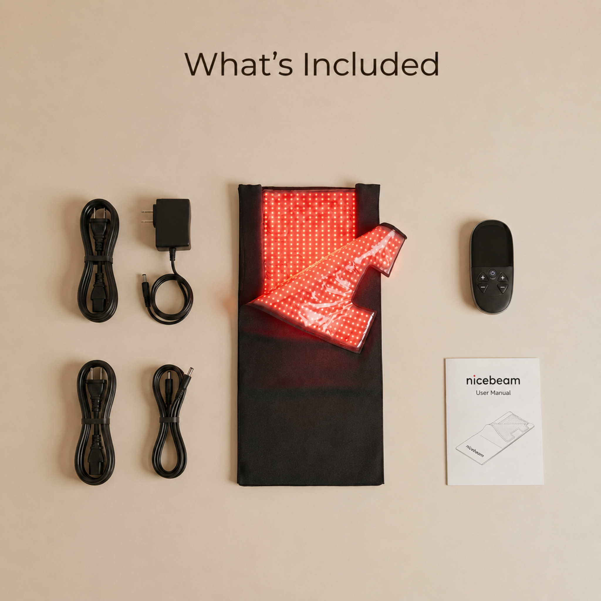 Whats included with the Nicebeam red light therapy bag. Charger, plugs, controller, red light bag and instructions, on a beige background.