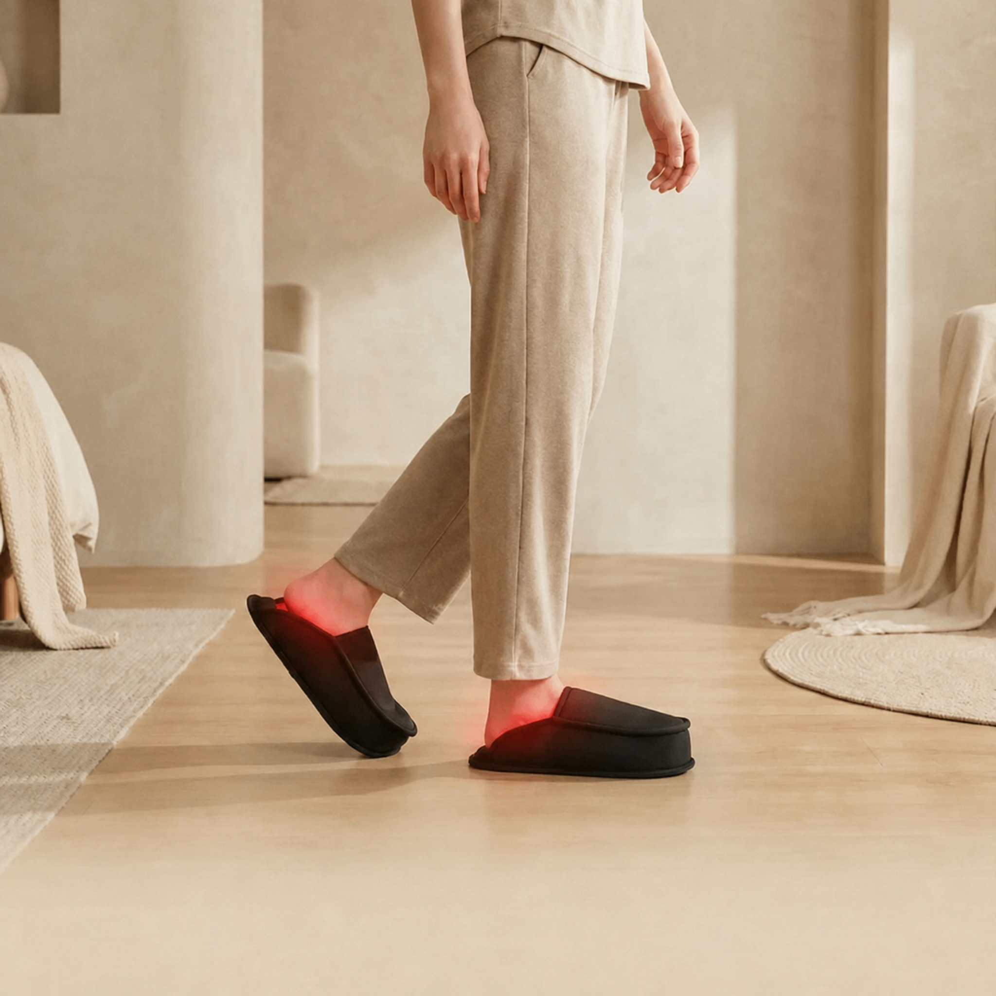 A person wearing beige lounge pants and a matching top walks indoors while wearing black slip-on Nicebeam red light therapy slippers