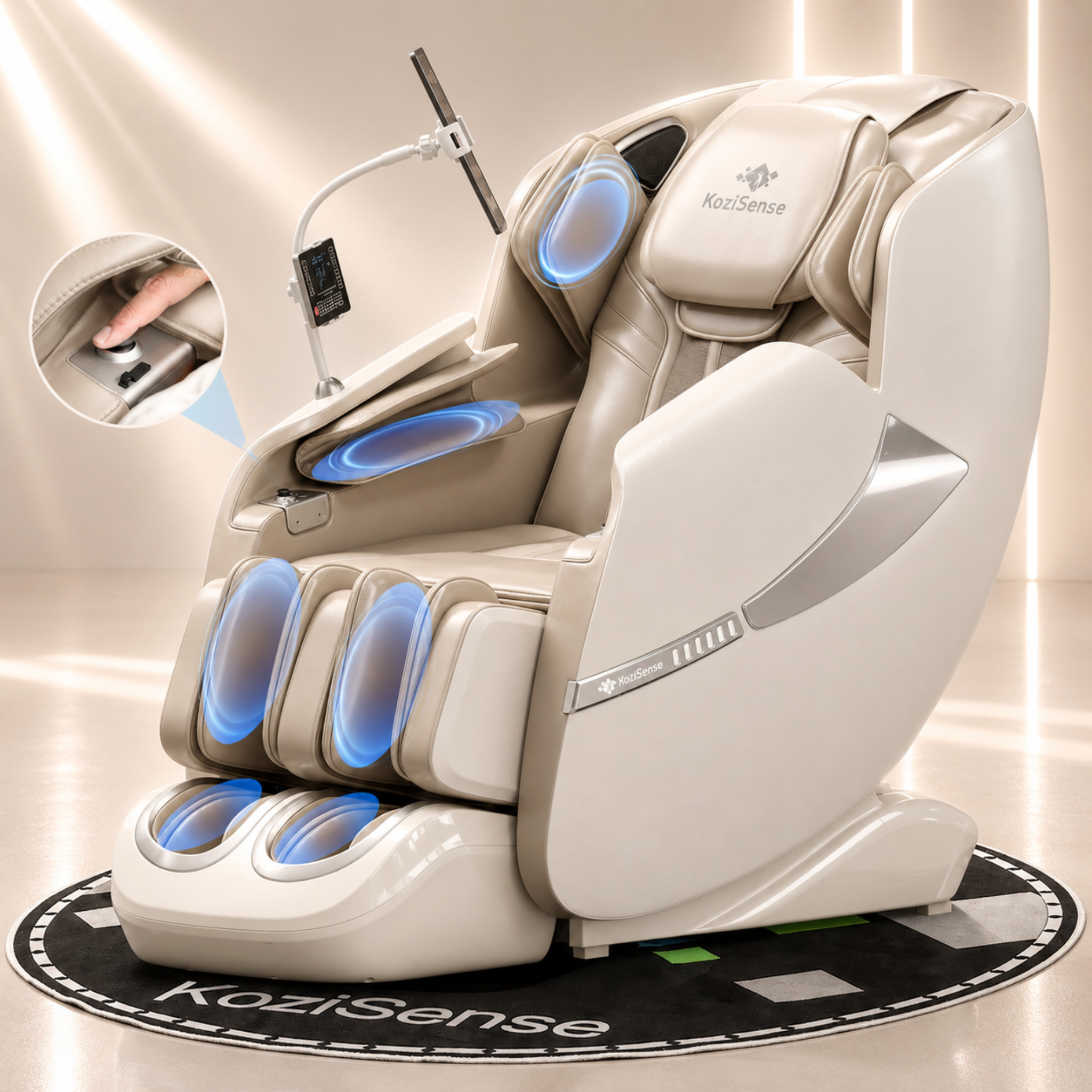 Beige Kozisense massage chair with blue light massage rollers and smartphone holder on a beige