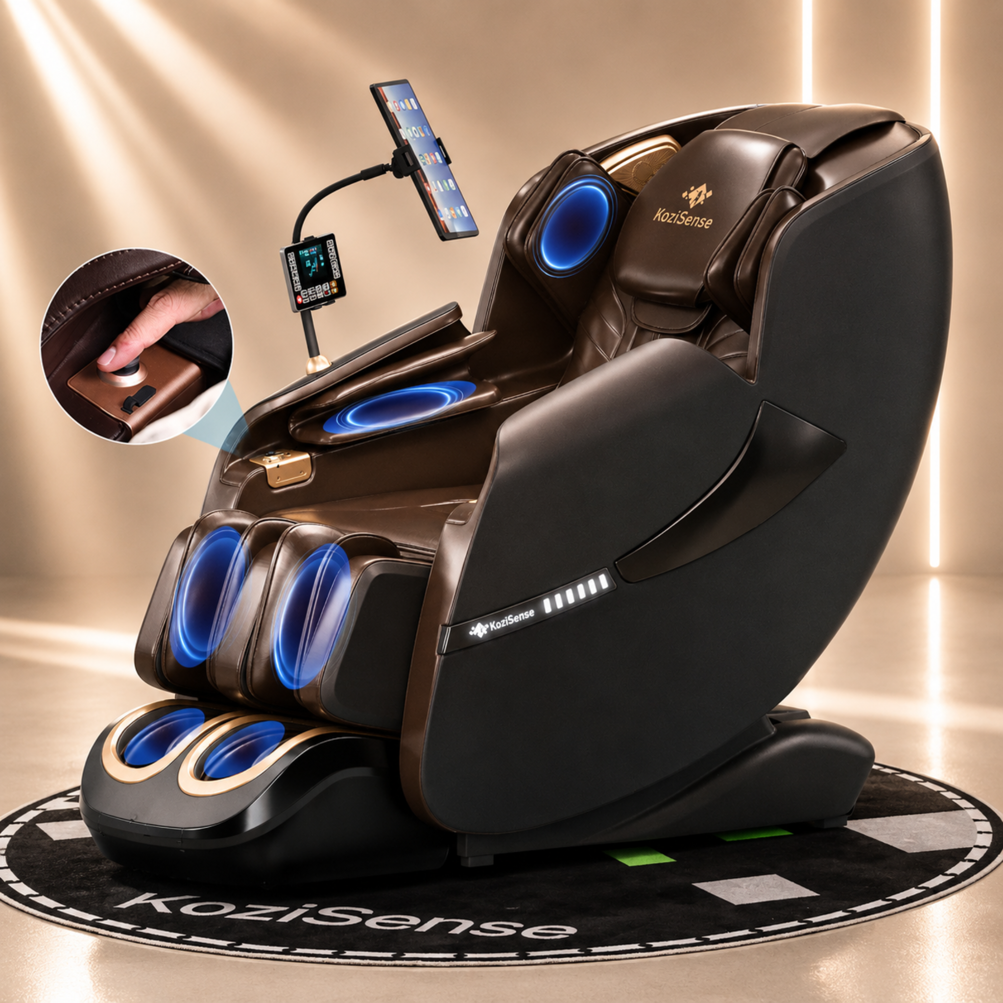 Brown Kozisense massage chair with blue light massage rollers and smartphone holder on a beige background.