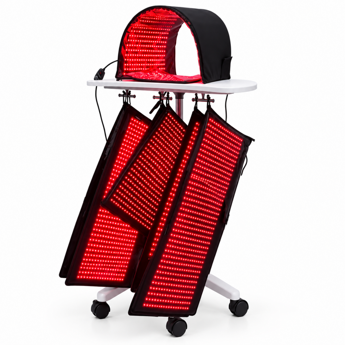 Red light therapy device with a dome-shaped top and multiple rectangular panels on a wheeled stand, shown on a white background.
