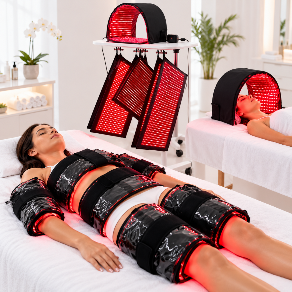 Two women lie on treatment beds in a bright spa-like room while wearing red light therapy devices on their bodies and heads. Additional red light panels are displayed on a stand above, with one device hanging over one bed.