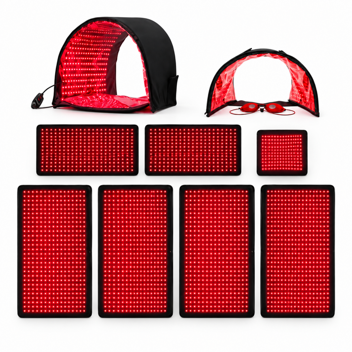 Red light therapy kit with a black and red tent and seven rectangular LED panels on a white background.