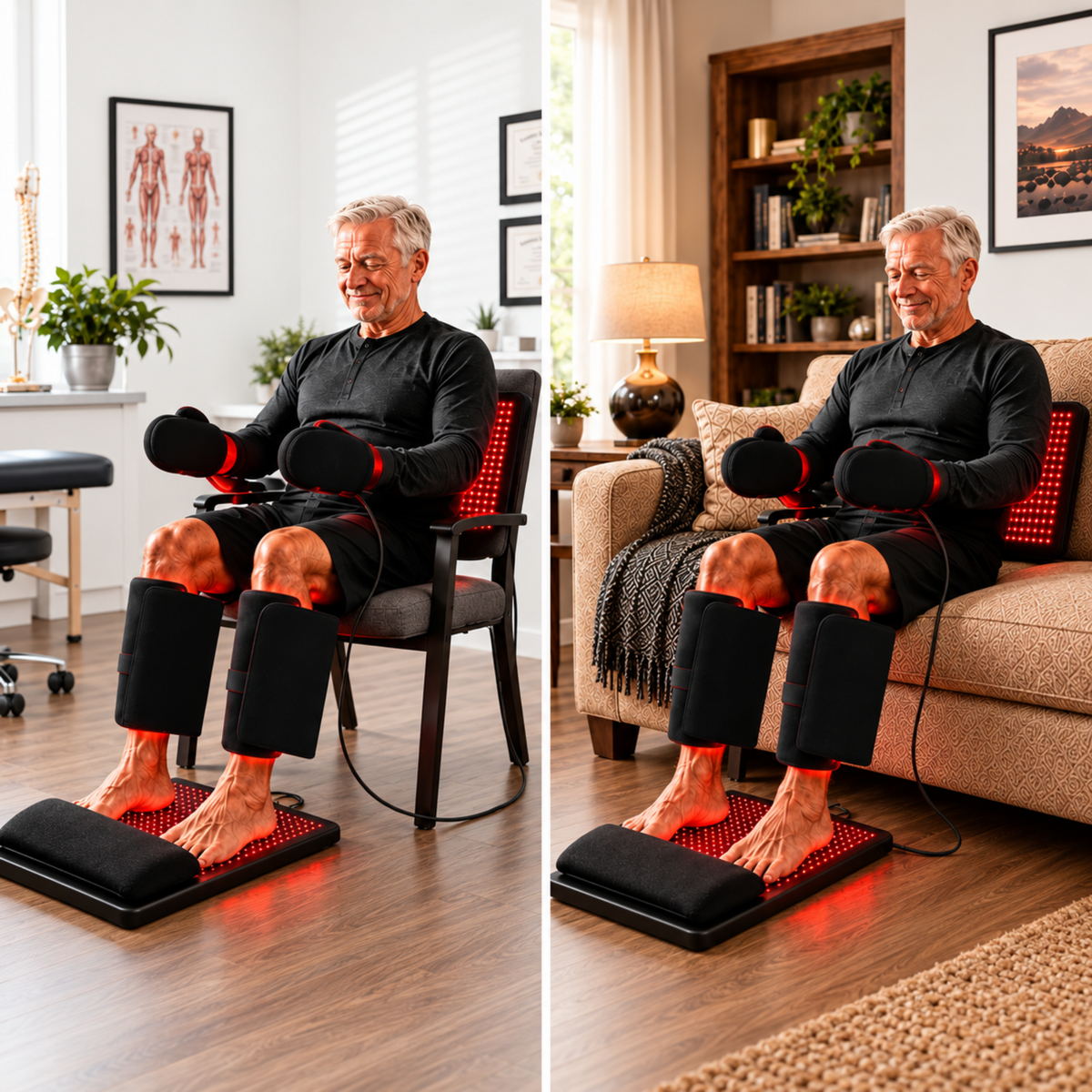 A split-screen lifestyle image showing an older man using a red LED foot massager and a black thigh massager in a cozy living room setting.