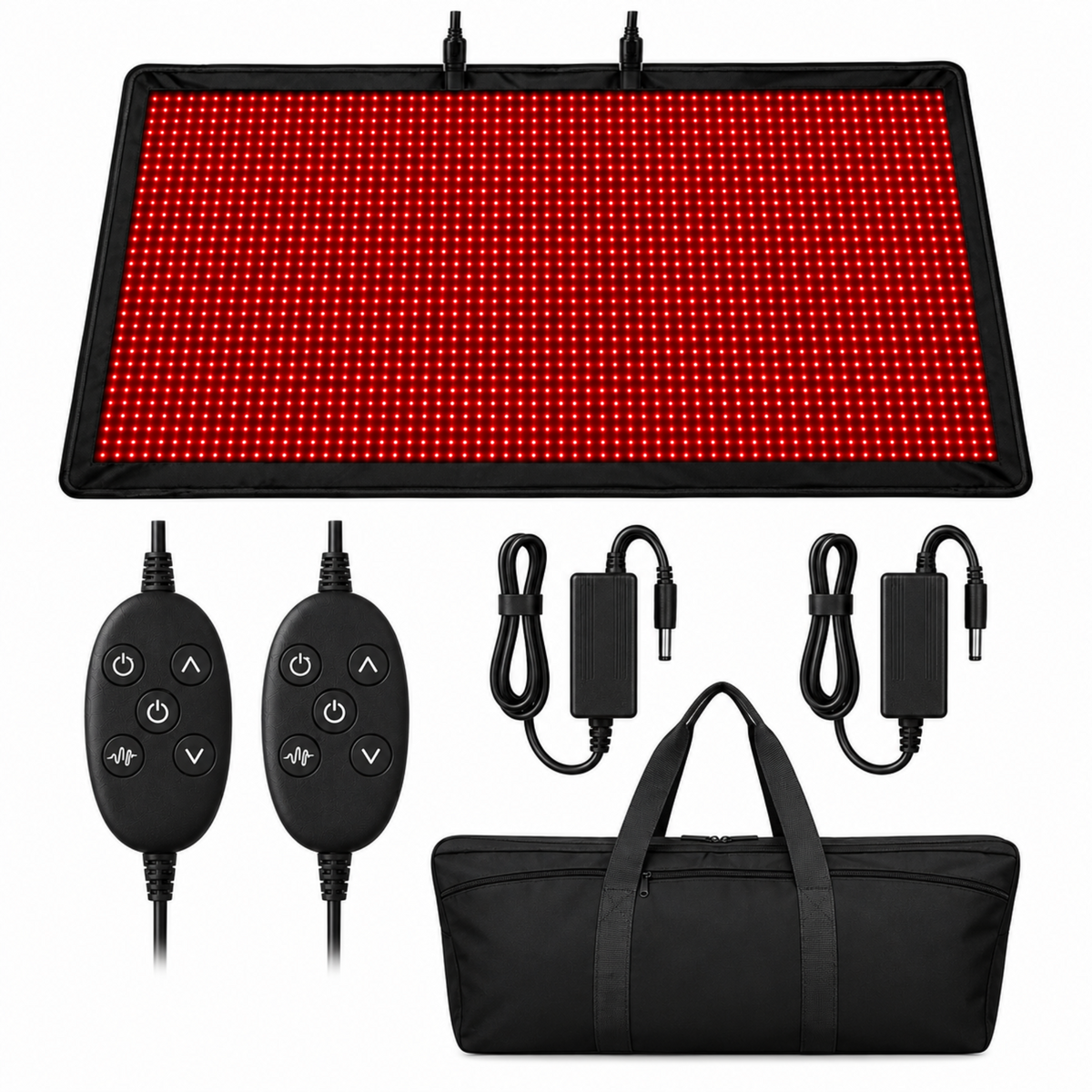 Red LED light therapy panel kit with two black remote controllers, two power adapters, a black carrying bag, and mounting clips on a white background.