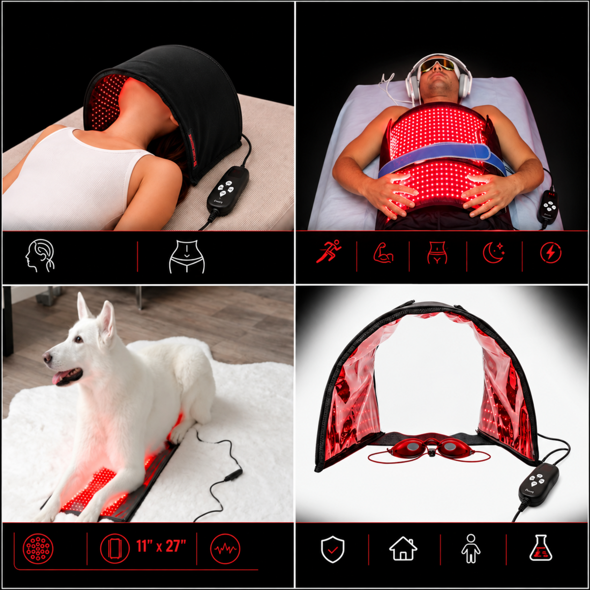 A 2x2 collage showing a red light therapy device used on a person, a dog, and shown open with its controller. The top-left panel shows a woman lying down wearing a black hood-shaped device.