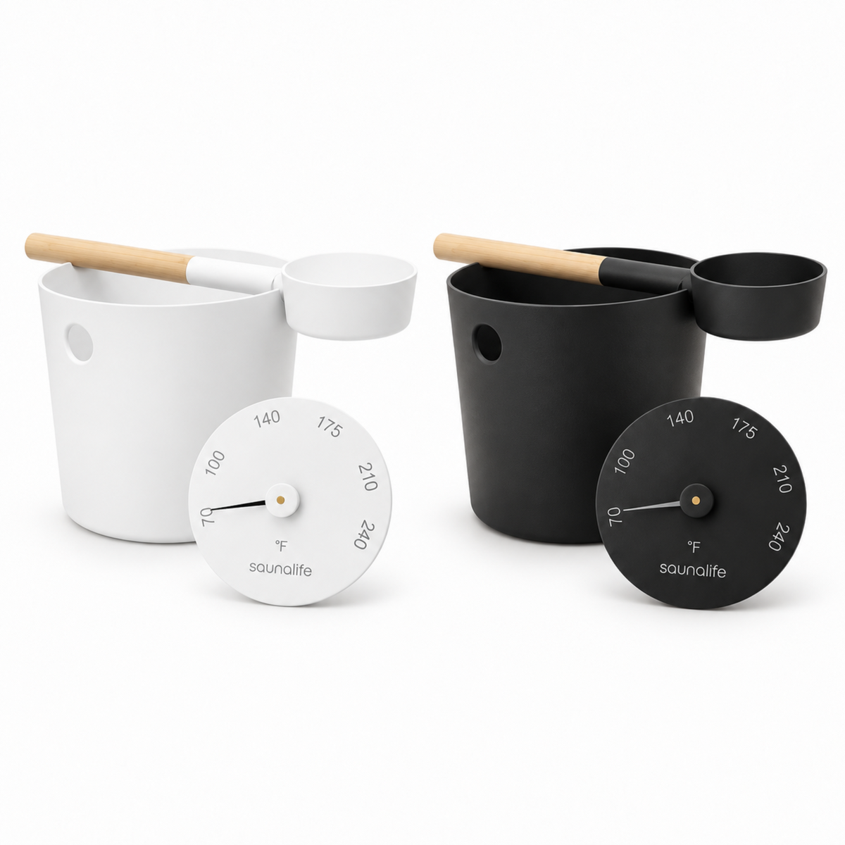 SaunaLife Essentials Set 6 Aluminum Sauna Bucket and Ladle Set w/ Thermometer shown in black and whie options