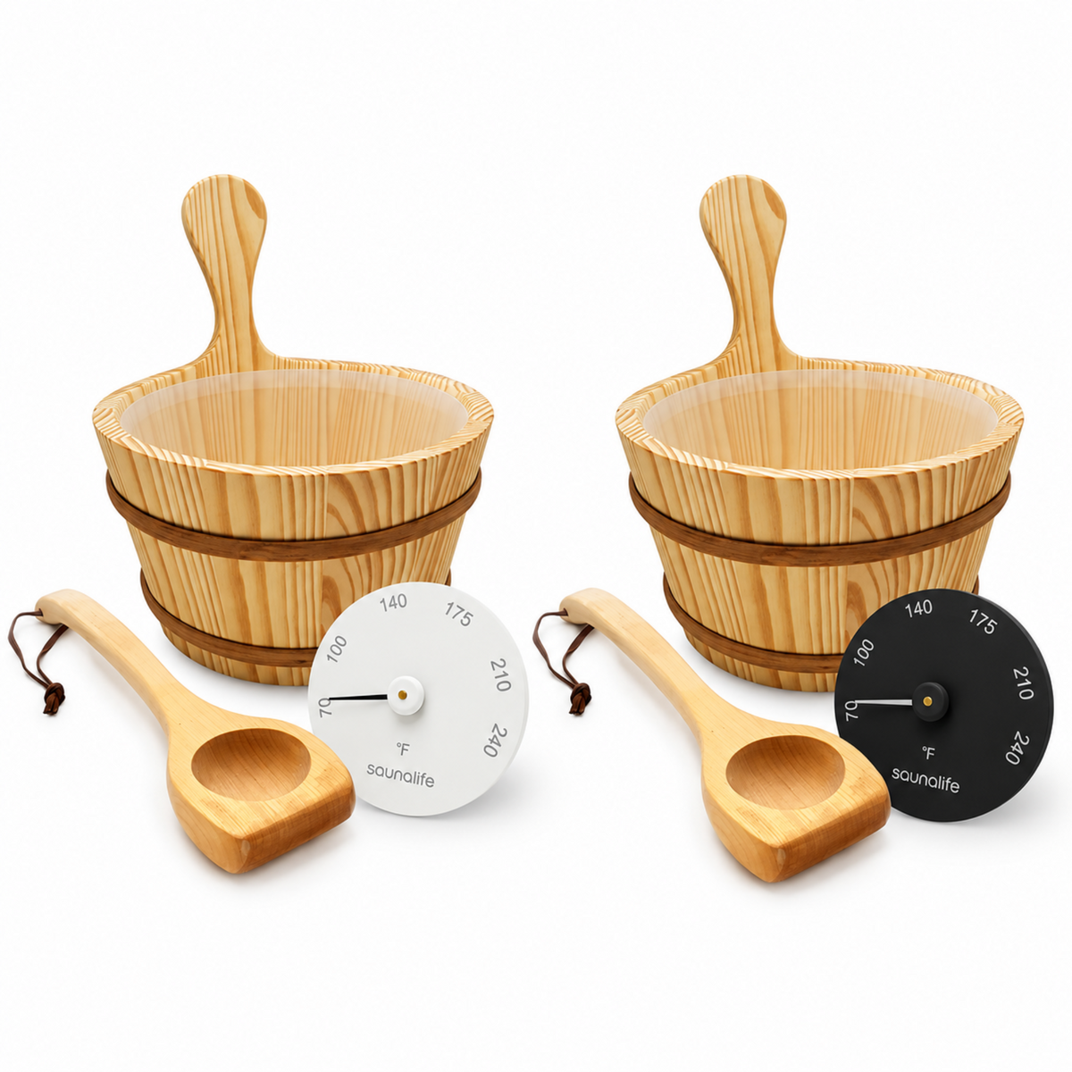 Wood Sauna Bucket and Ladle Set w/ white or black Thermometer shown