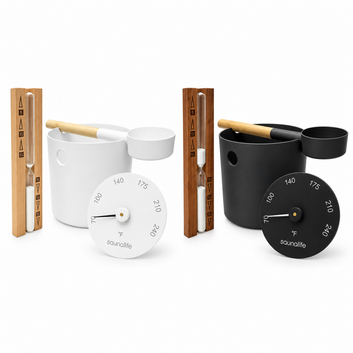 SaunaLife Essentials Set 2 Aluminum Sauna Bucket and Ladle Set w/ Sand Timer and Thermometer shown in black and white